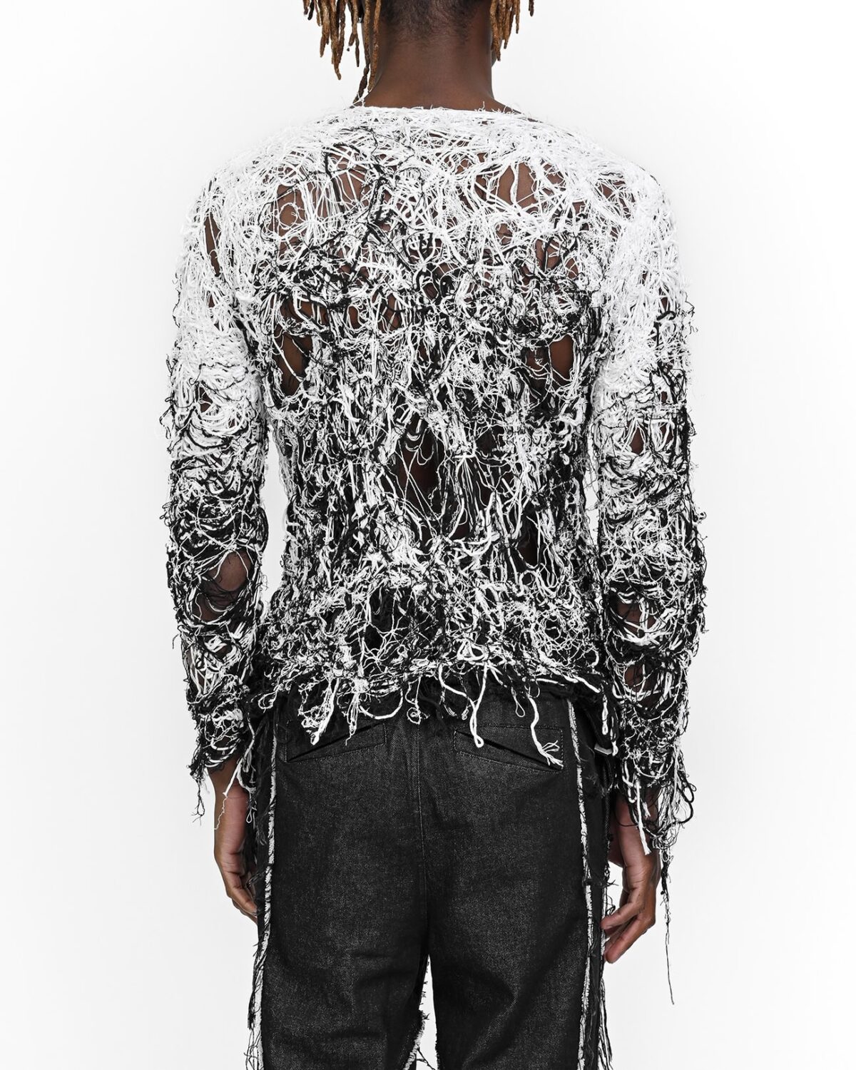 MINOAR - Fiber Bond String Contrast Sweater, Men's black cotton sweater with Fiber-Bond texture - 5