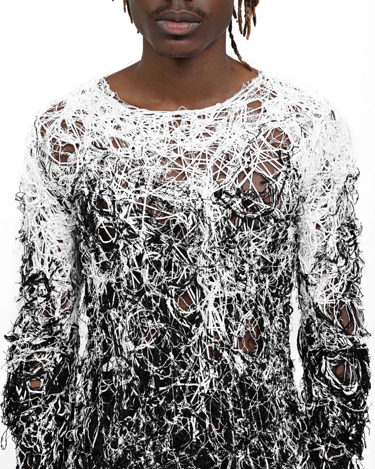 MINOAR - Fiber Bond String Contrast Sweater, Men's black cotton sweater with Fiber-Bond texture - 3