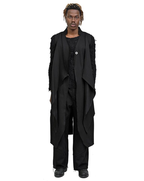 MINOAR - Hexa Long Layers Sleeveless Coat, Men's black cotton coat with raised collar - 1