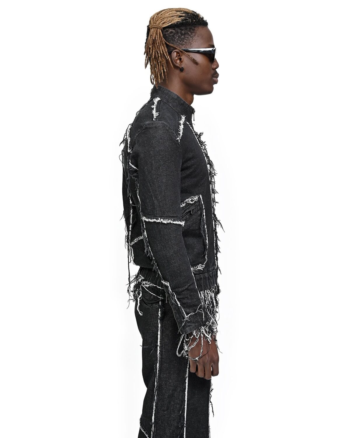 MINOAR - String Denim Raw Edge Jacket, Men's black cotton jacket with multi-segment construction - 6