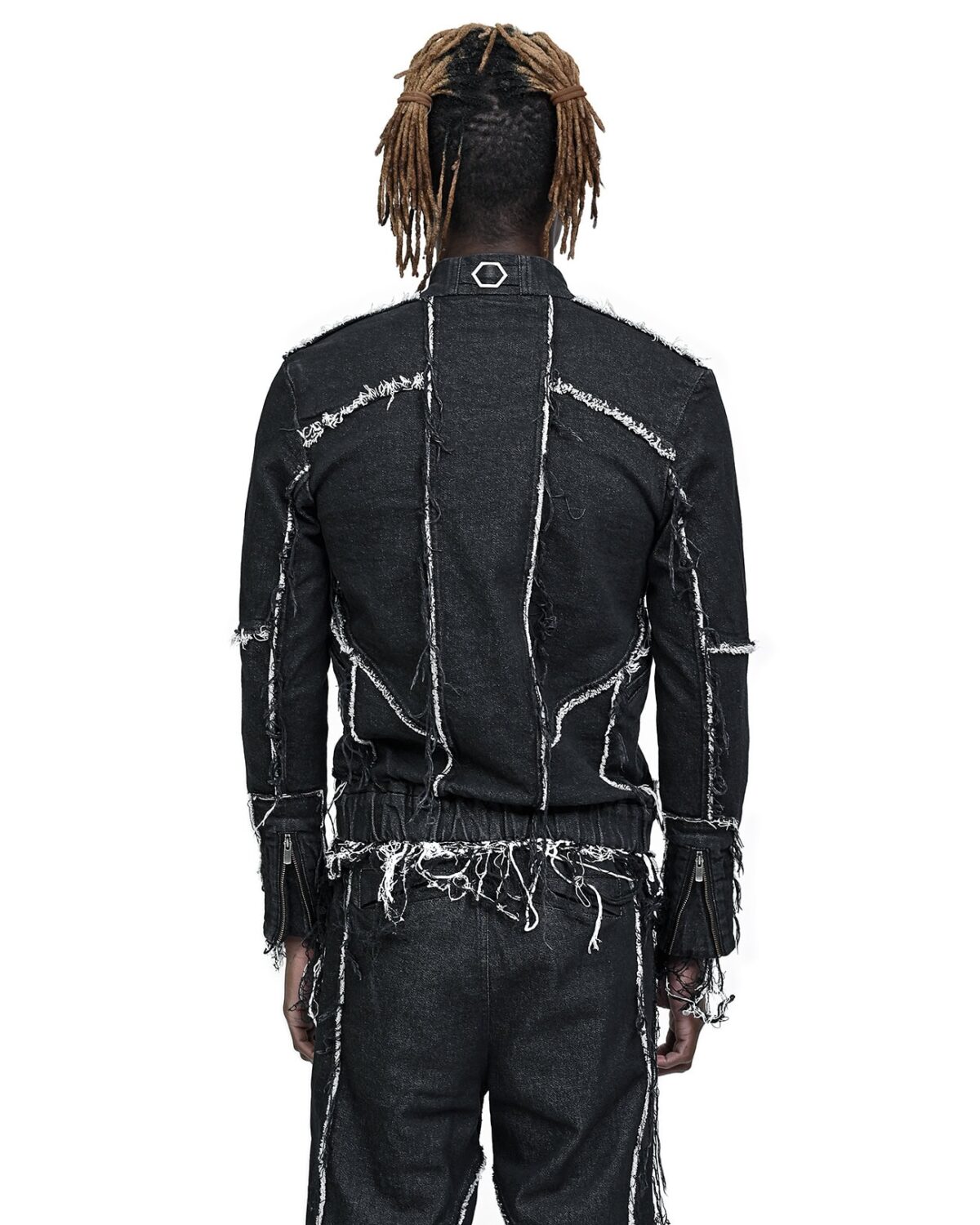 MINOAR - String Denim Raw Edge Jacket, Men's black cotton jacket with multi-segment construction - 7