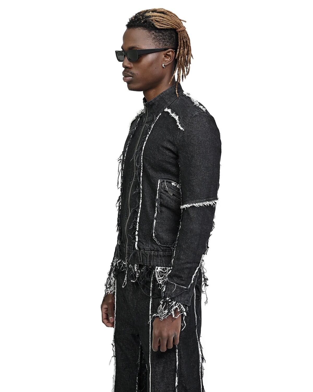 MINOAR - String Denim Raw Edge Jacket, Men's black cotton jacket with multi-segment construction - 8