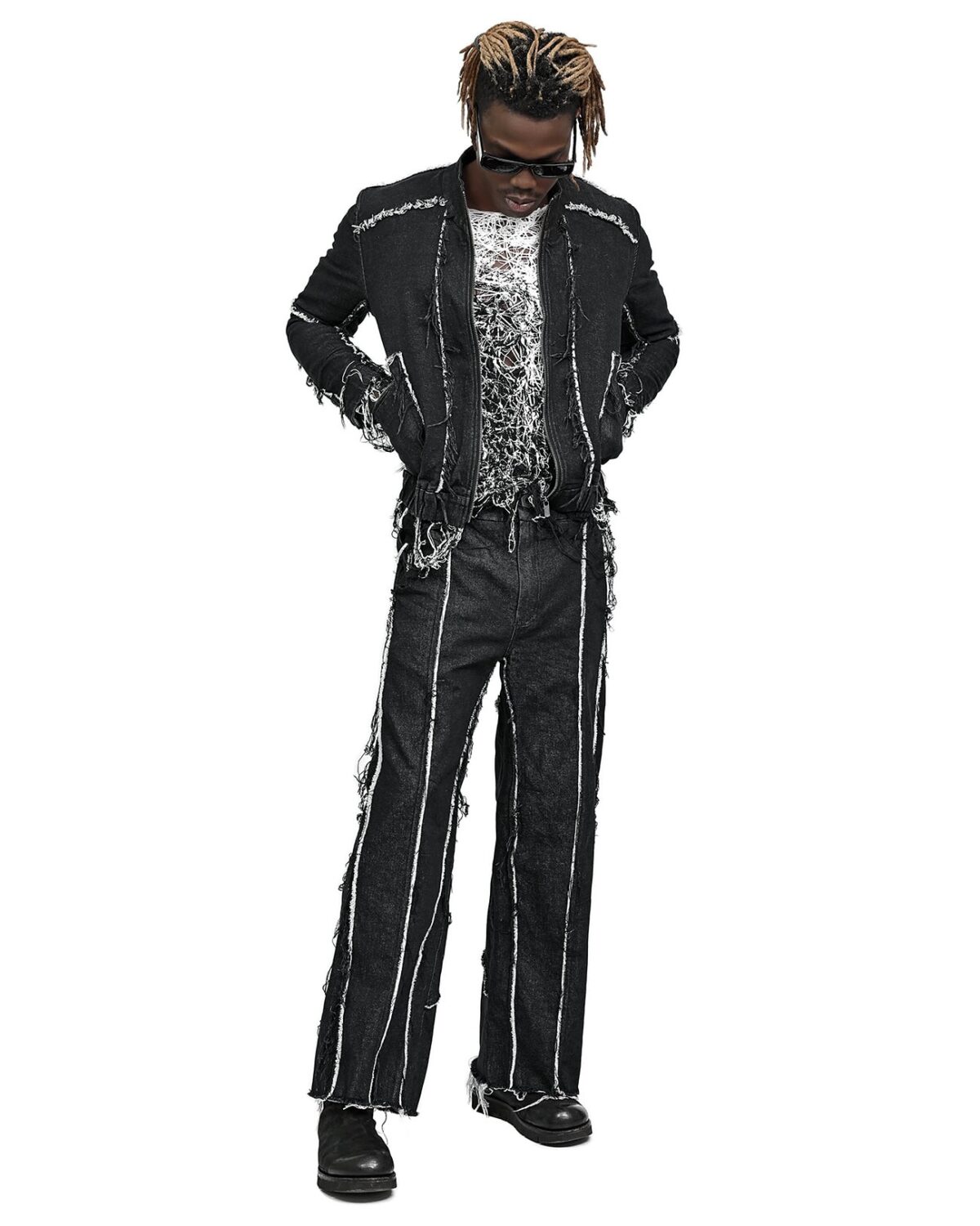 MINOAR - String Denim Raw Edge Trousers, Men's black cotton trousers with loose fit - 6