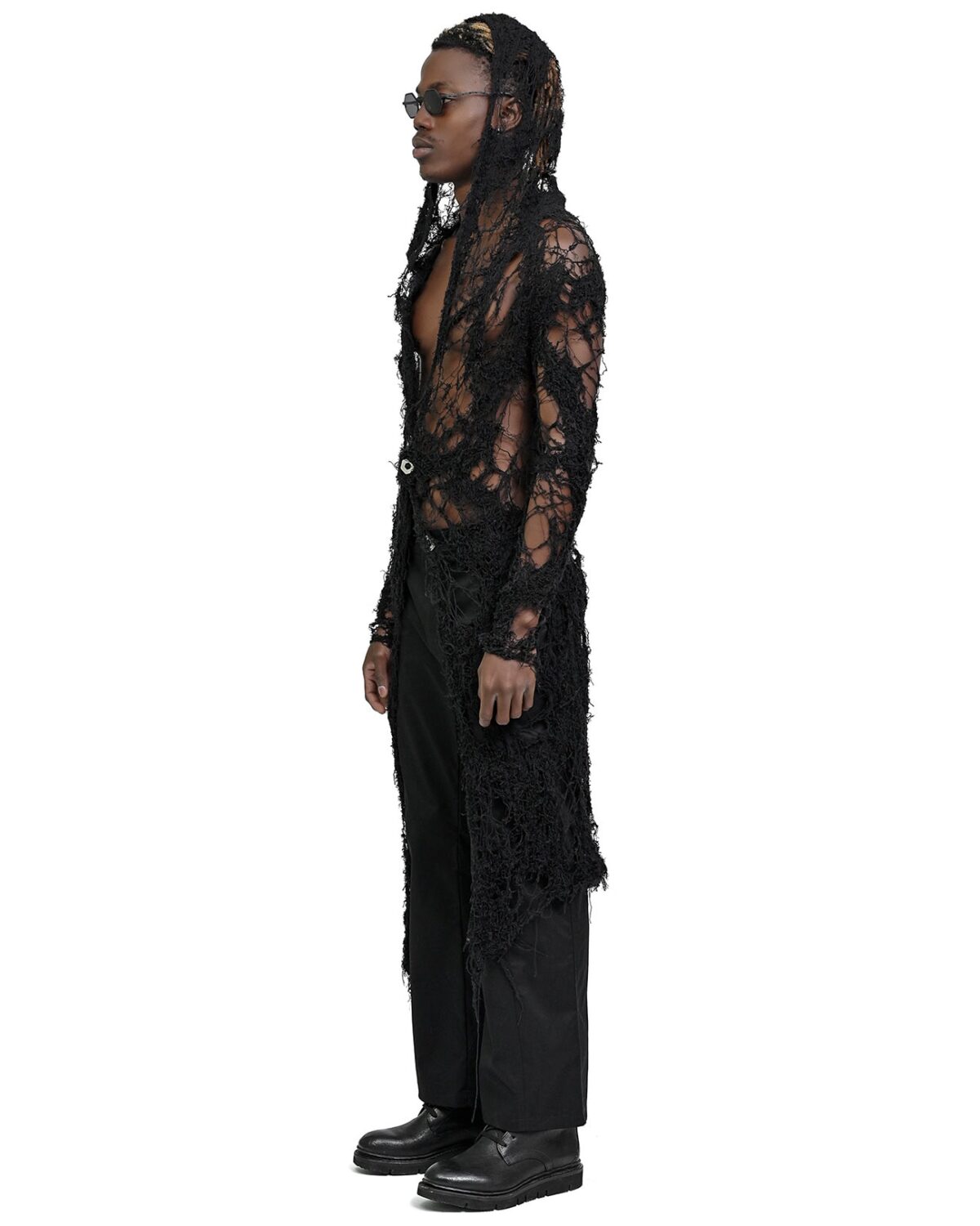 MINOAR - Fiber Bond Long Sheer Cardigan, Men's black cotton cardigan with Fiber-Bond texture - 3