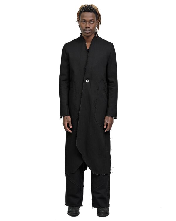 MINOAR - Black Long Denim Hexa Coat, Men's black cotton coat with diagonal welt pockets - 1