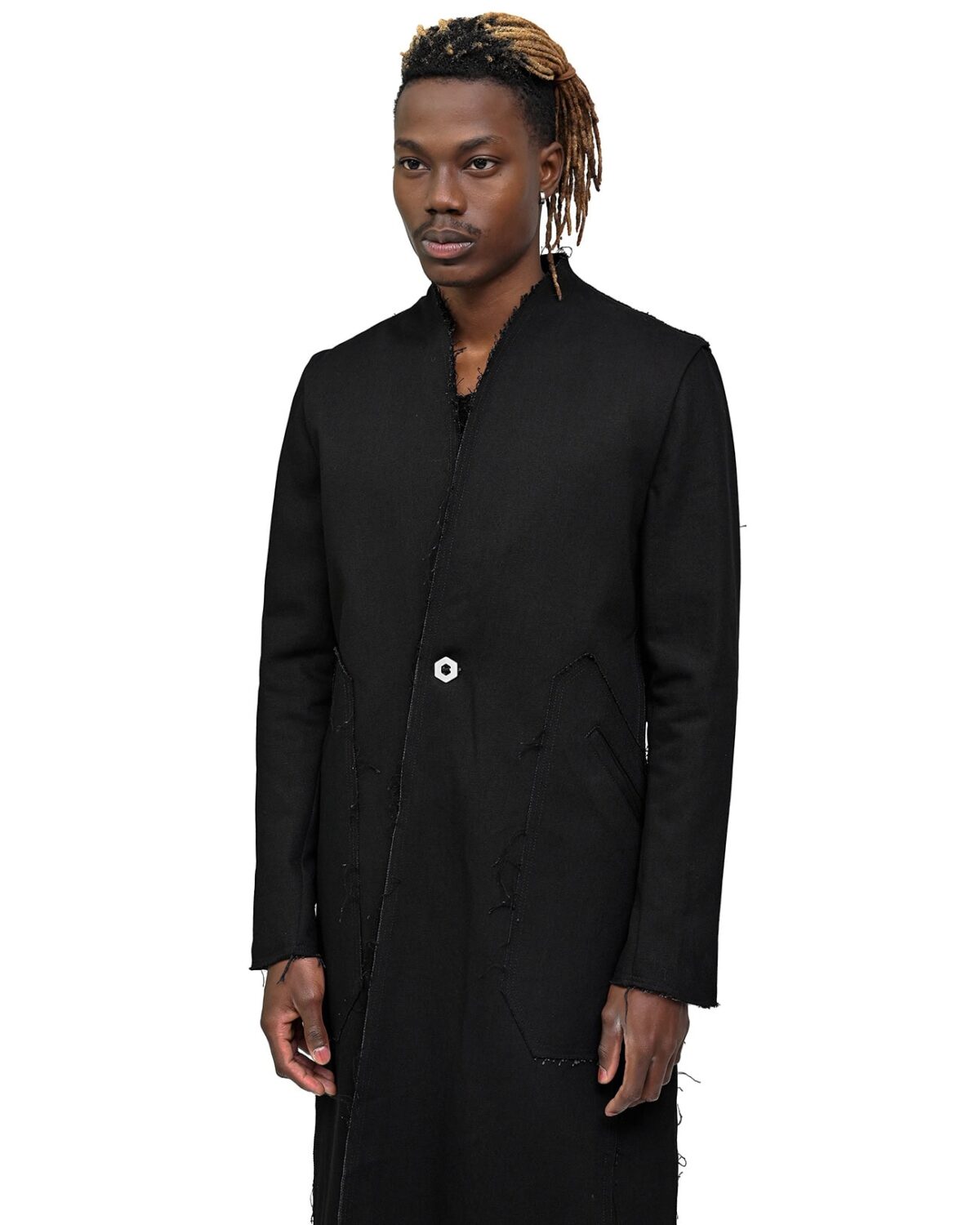 MINOAR - Black Long Denim Hexa Coat, Men's black cotton coat with diagonal welt pockets - 3