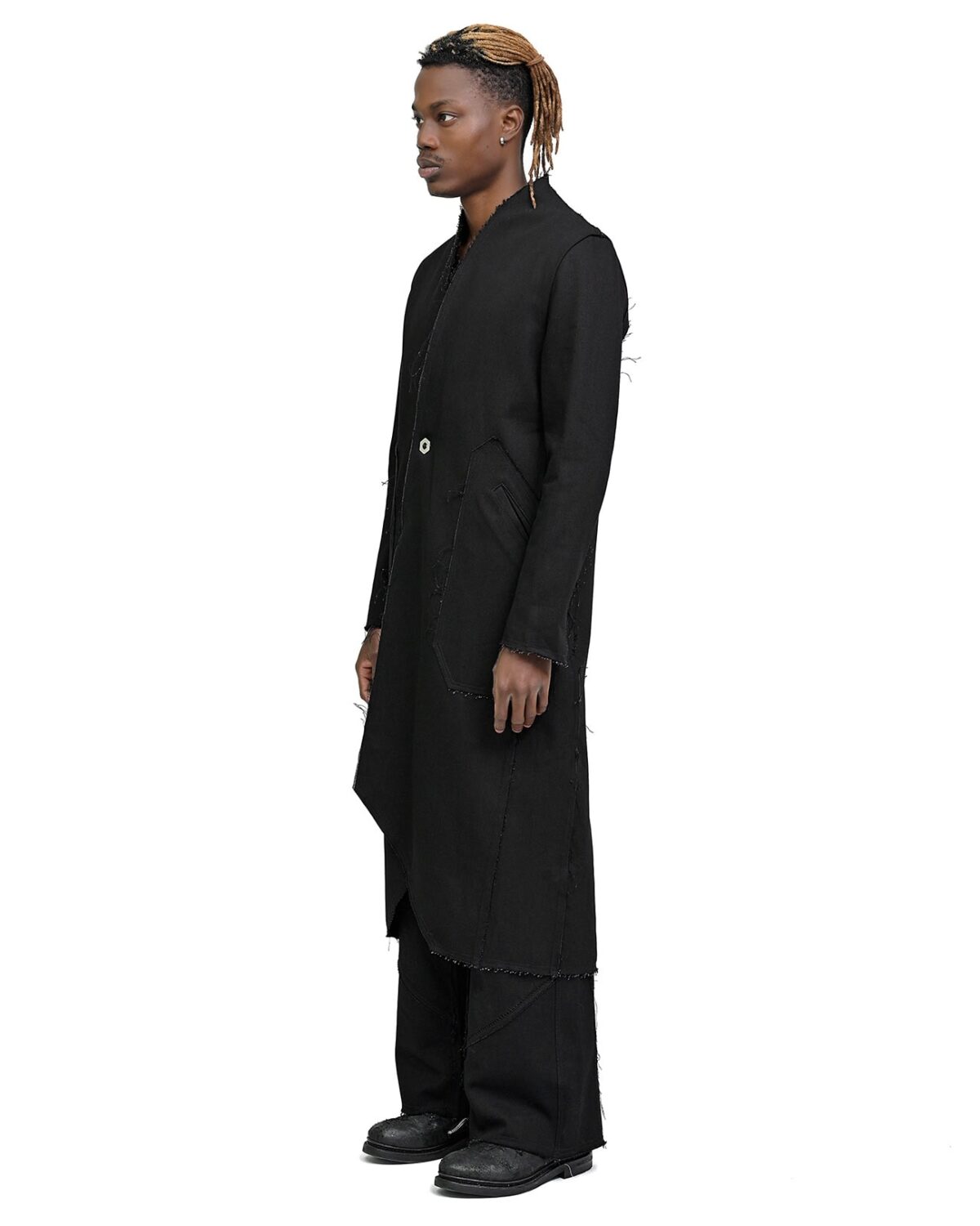 MINOAR - Black Long Denim Hexa Coat, Men's black cotton coat with diagonal welt pockets - 4