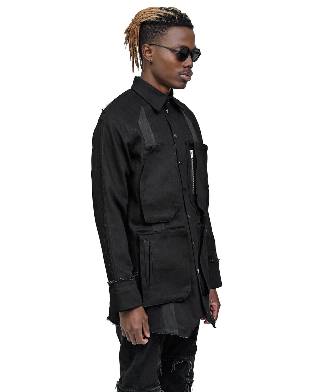 MINOAR - Denim Hexa Cargo Shirt Jacket, Men's black cotton jacket with cargo pocket detail - 3
