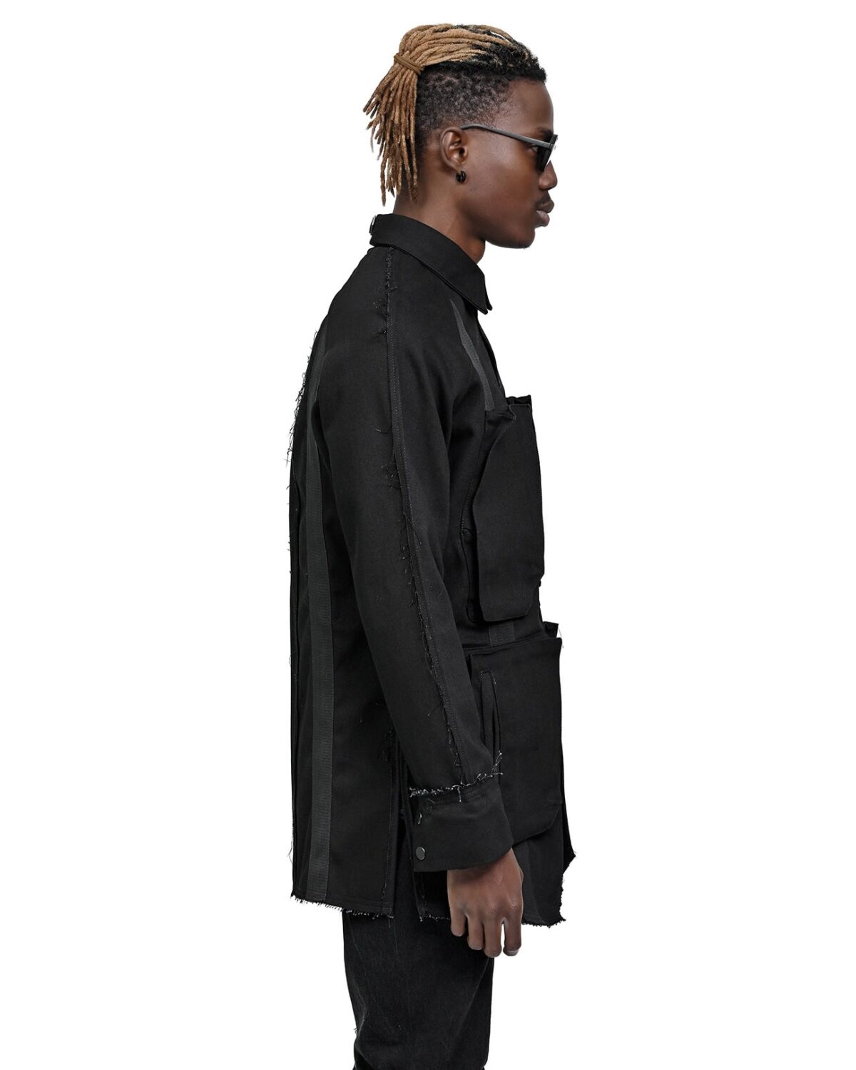 MINOAR - Denim Hexa Cargo Shirt Jacket, Men's black cotton jacket with cargo pocket detail - 4