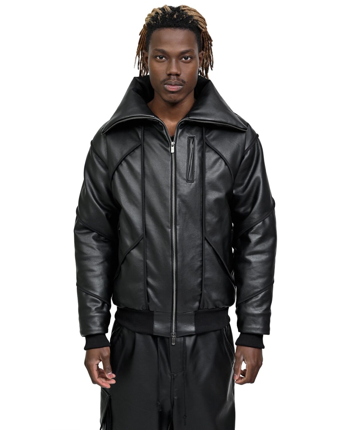 MINOAR - Leather Bomber Wool Insulate Jacket, Men's black leather jacket with multi-segment construction - 3