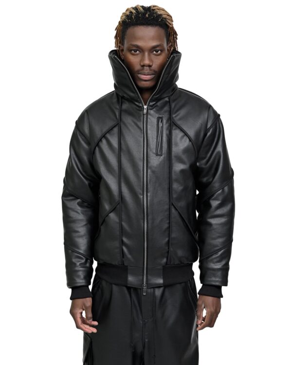MINOAR - Leather Bomber Wool Insulate Jacket, Men's black leather jacket with multi-segment construction - 1
