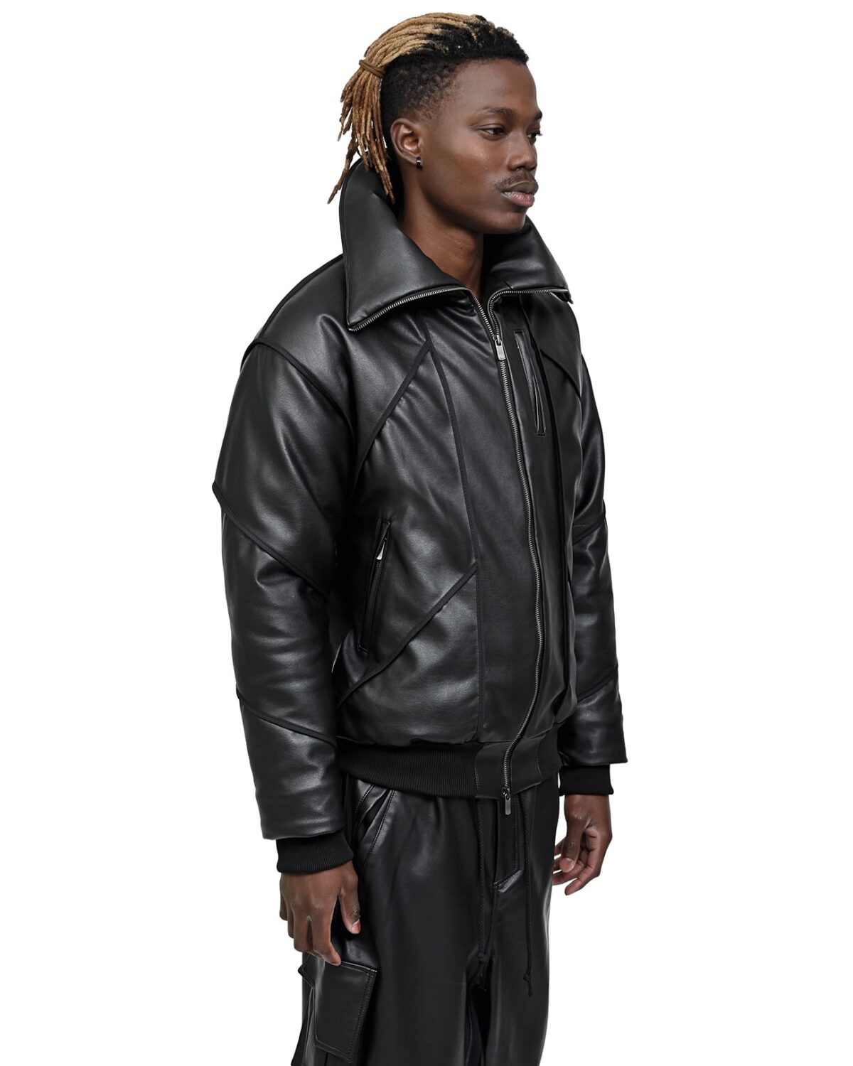 MINOAR - Leather Bomber Wool Insulate Jacket, Men's black leather jacket with multi-segment construction - 4