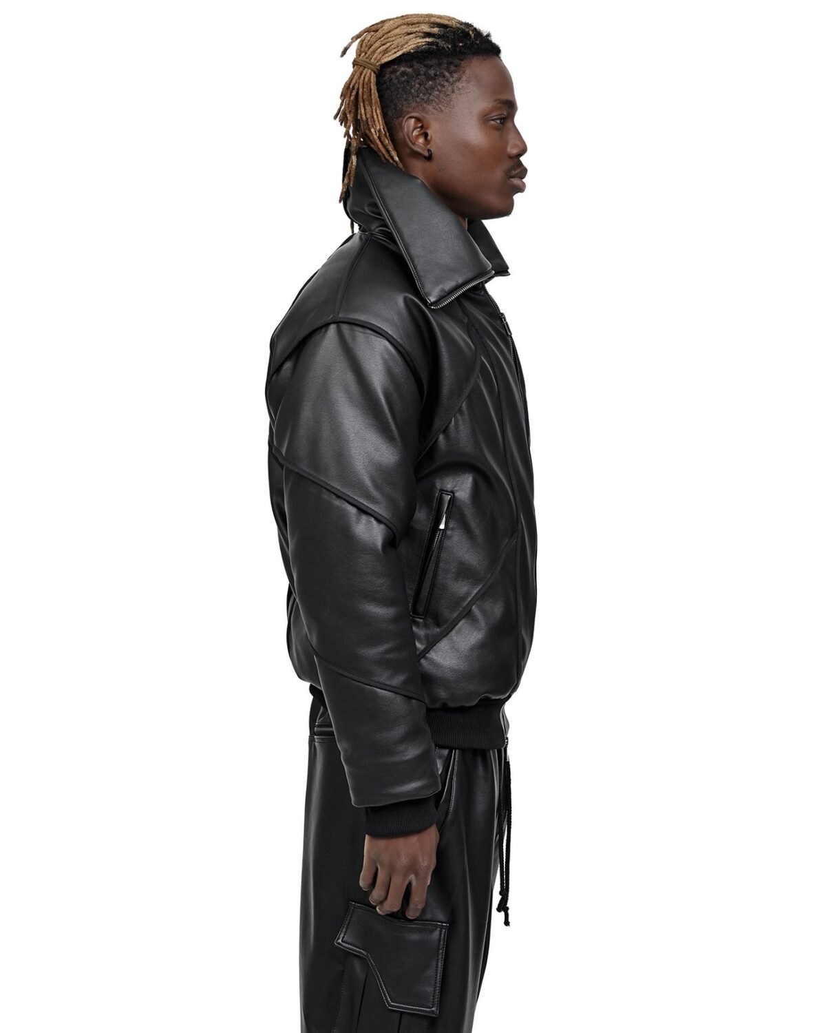 MINOAR - Leather Bomber Wool Insulate Jacket, Men's black leather jacket with multi-segment construction - 5