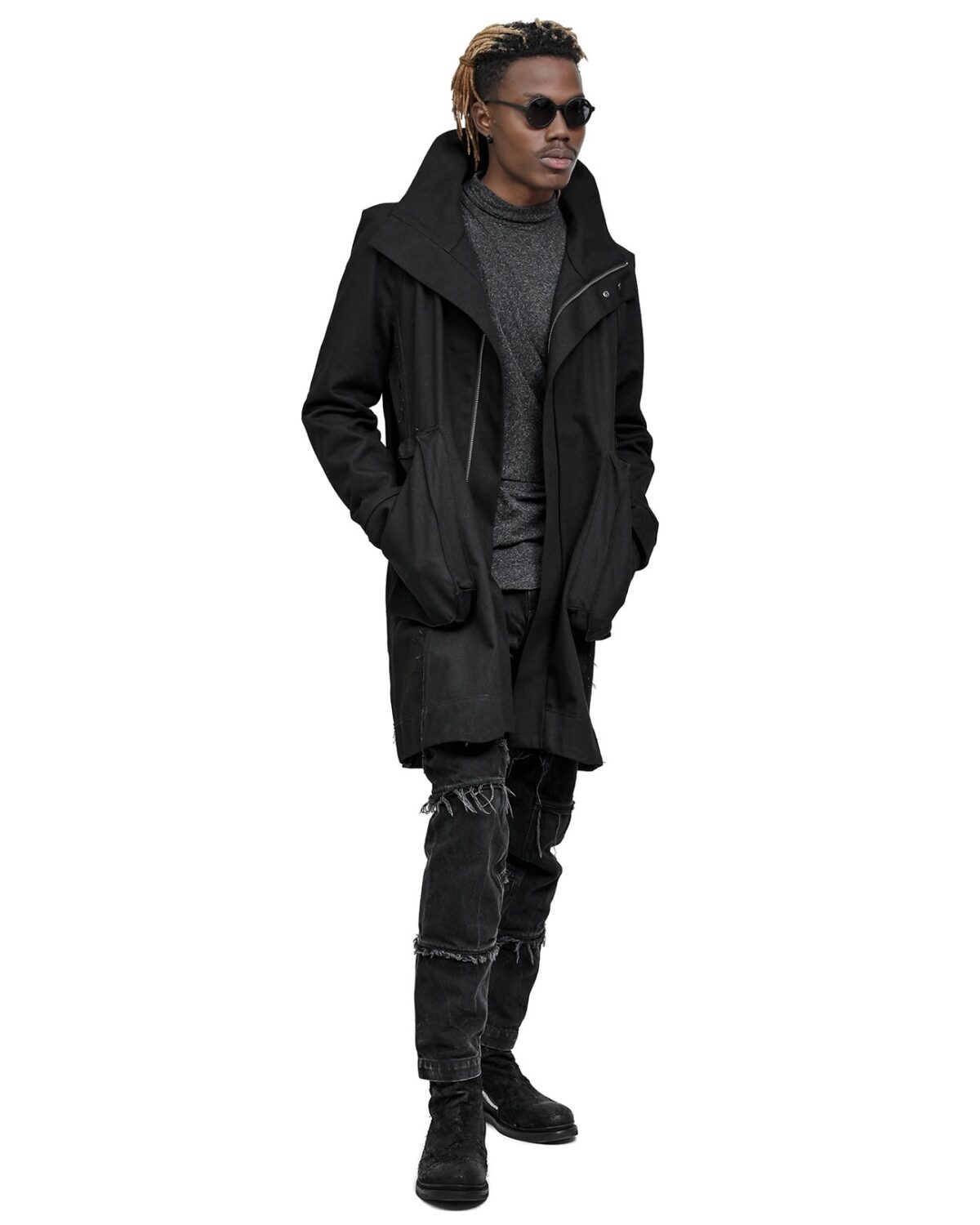 MINOAR - Black Denim Hexa High Parka, Men's black cotton with cargo pocket detail - 6