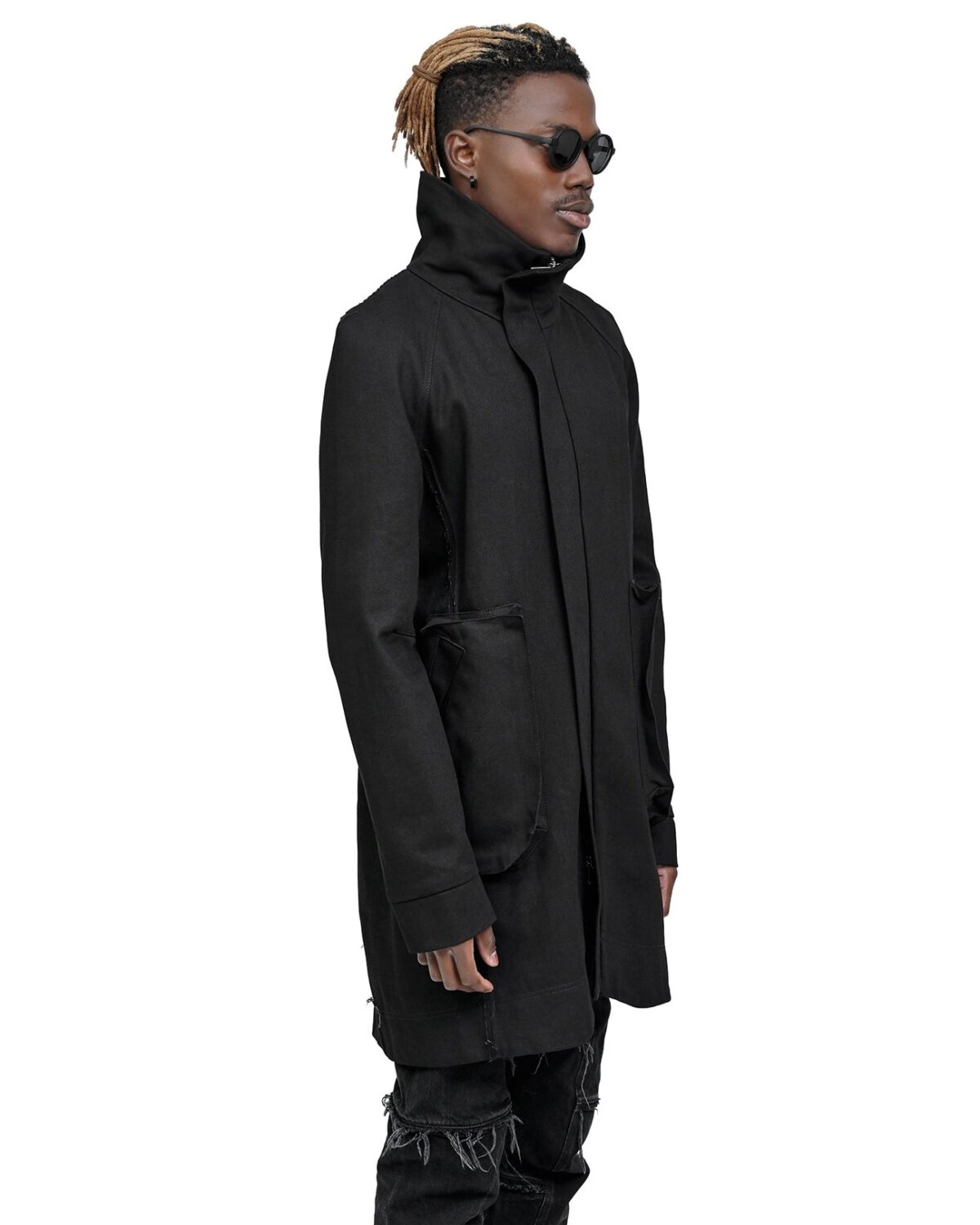 MINOAR - Black Denim Hexa High Parka, Men's black cotton with cargo pocket detail - 3