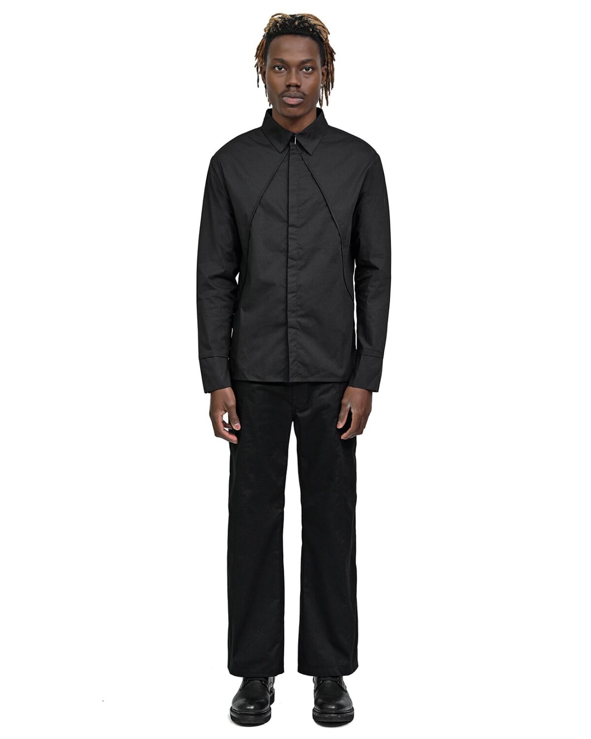 MINOAR - Hexa Collar Angle Shirt, Men's black cotton shirt with steel hardware detail - 3