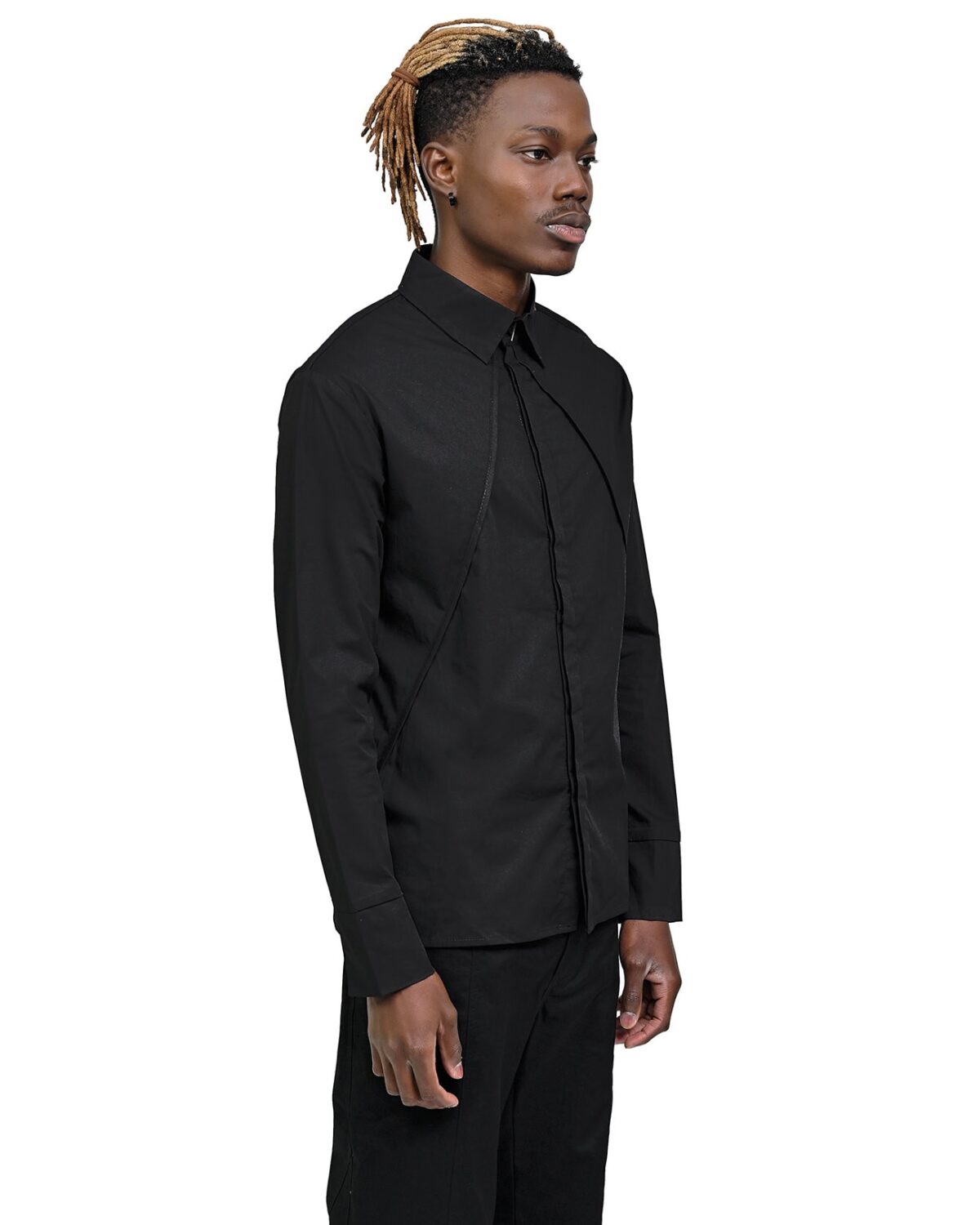 MINOAR - Hexa Collar Angle Shirt, Men's black cotton shirt with steel hardware detail - 4
