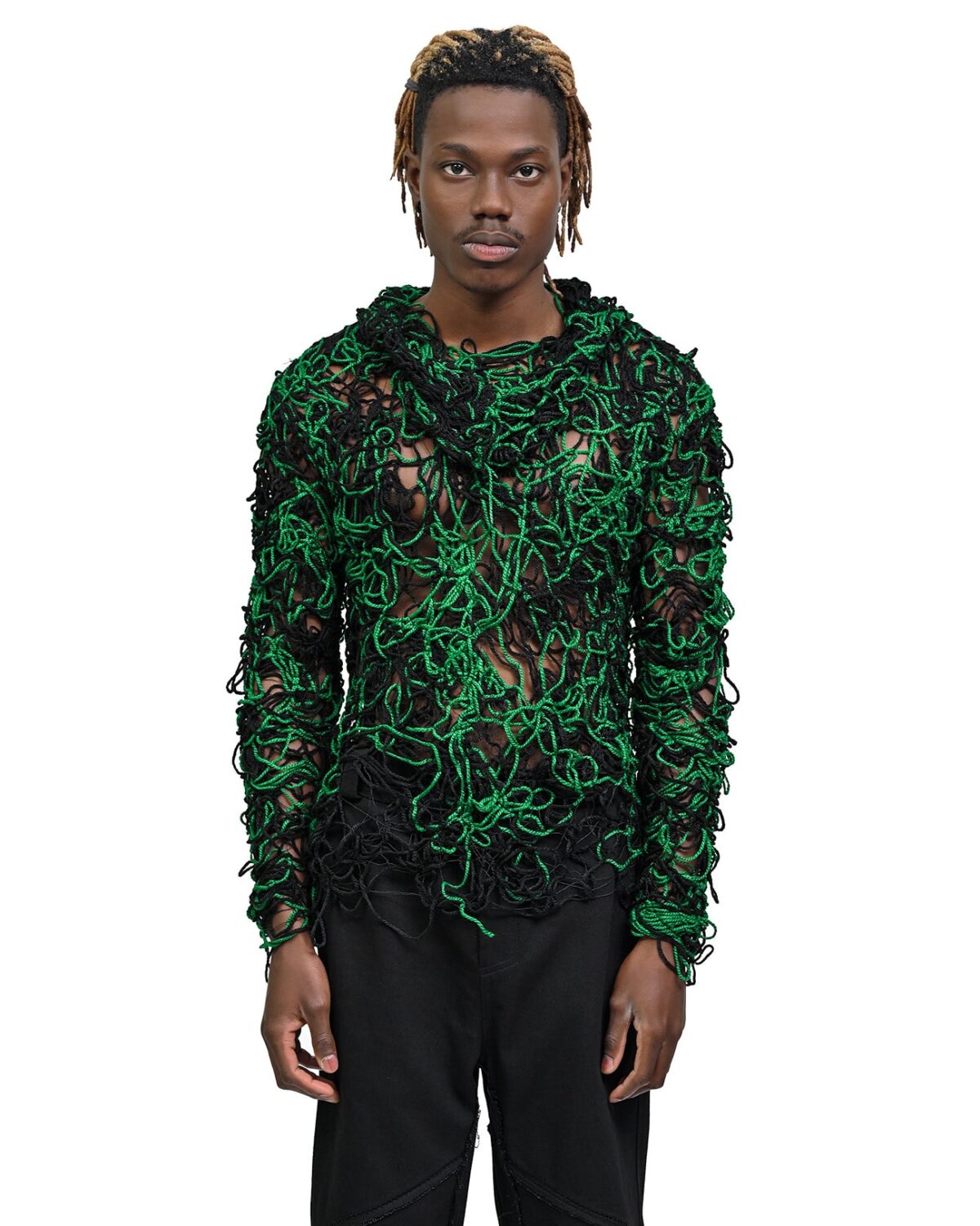 MINOAR - Fiber Bond Wrangle Hood Sweater, Men's black wool sweater with Fiber-Bond texture - 3
