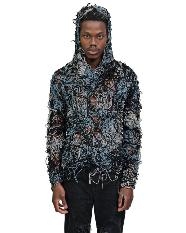 MINOAR - Fiber Bond Uranian Hood Sweater, Men's black wool sweater with Fiber-Bond texture - 1