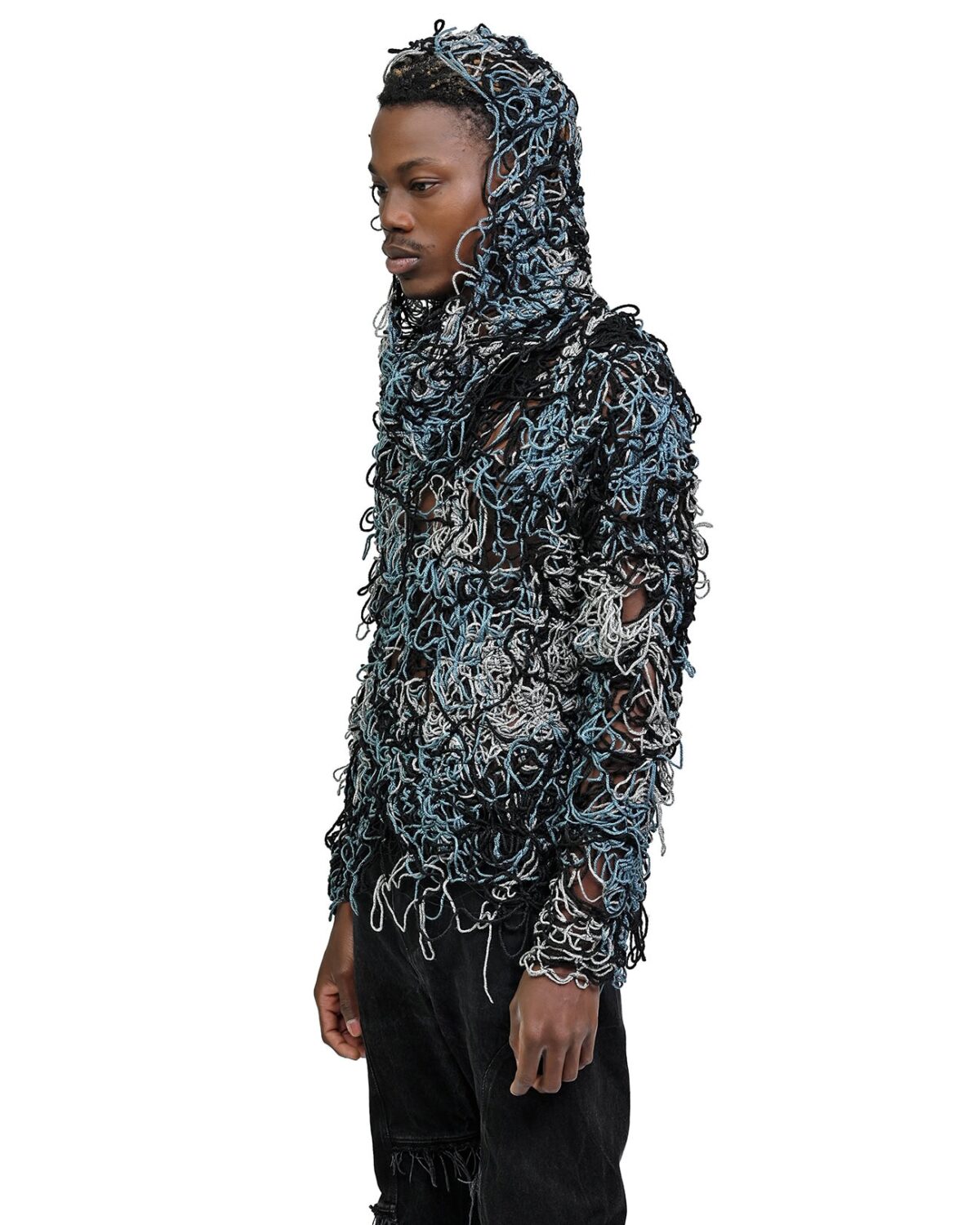 MINOAR - Fiber Bond Uranian Hood Sweater, Men's black wool sweater with Fiber-Bond texture - 4