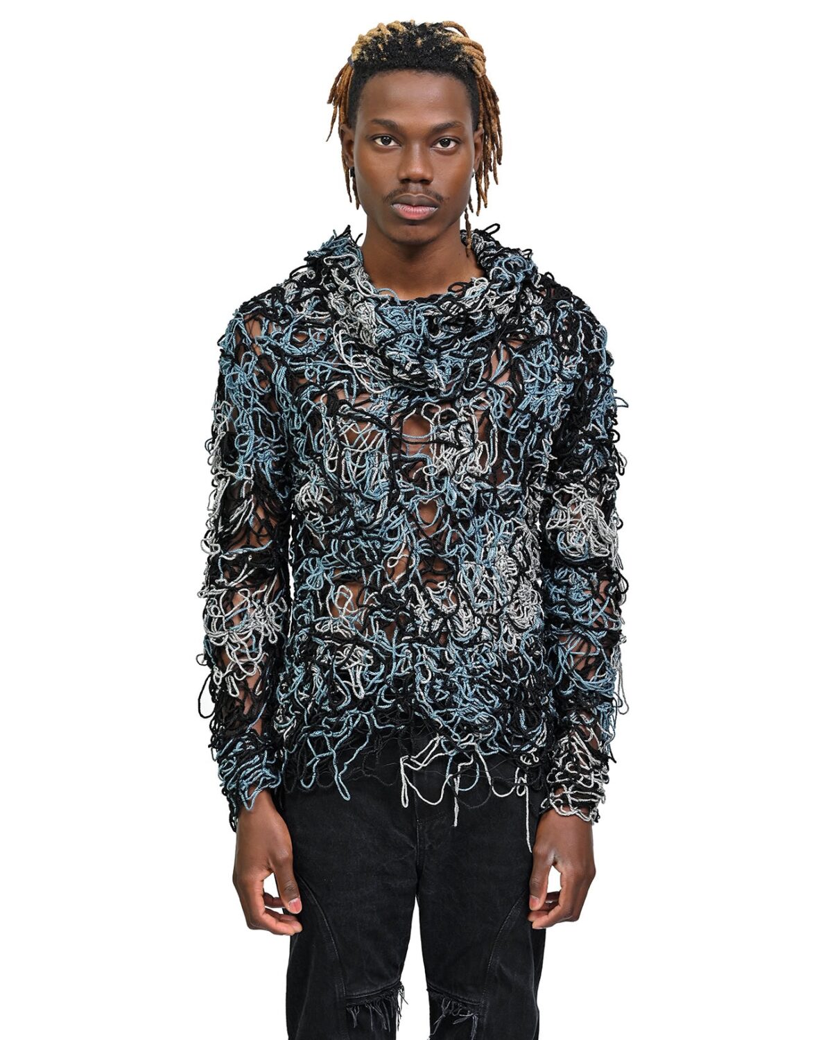 MINOAR - Fiber Bond Uranian Hood Sweater, Men's black wool sweater with Fiber-Bond texture - 3