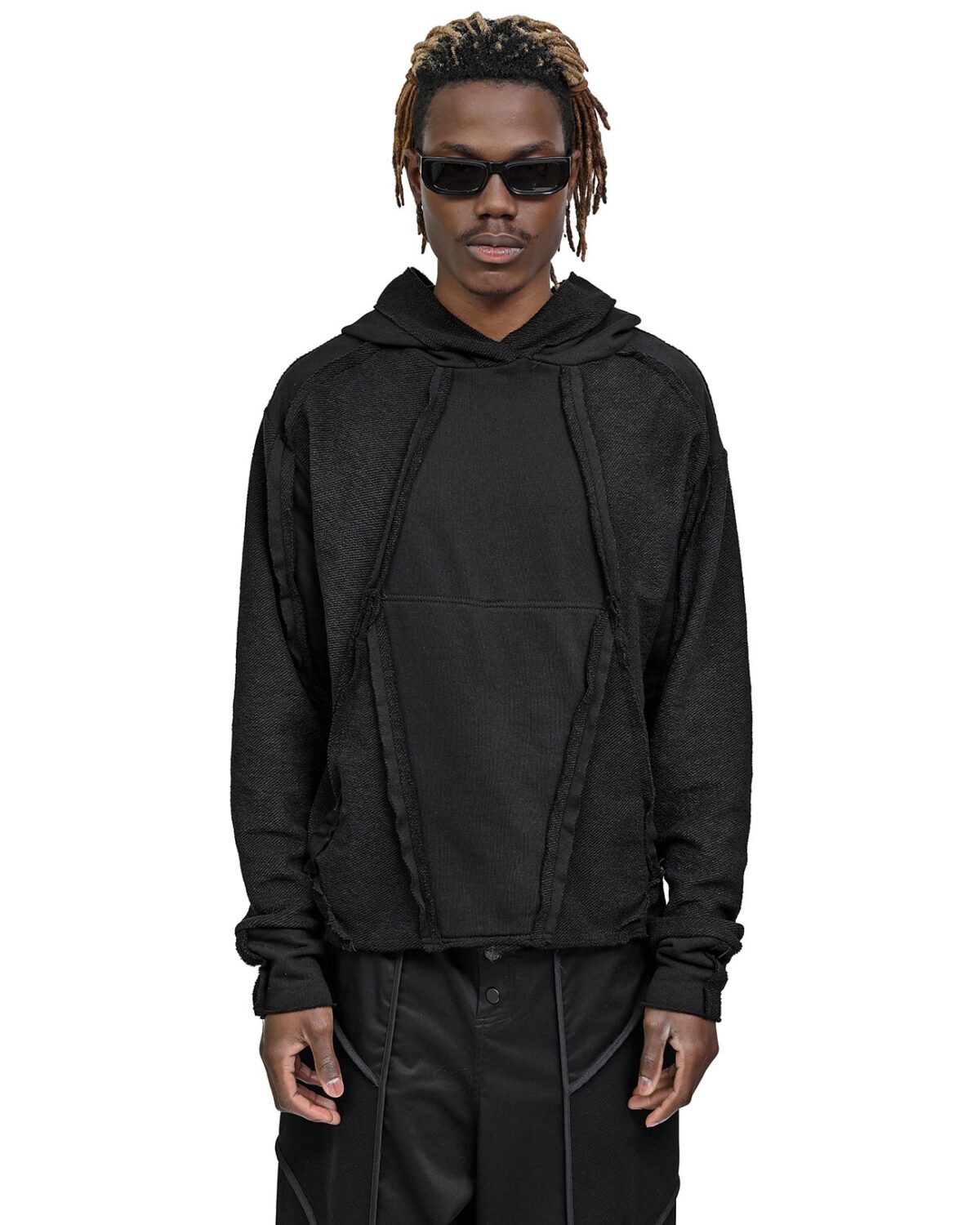 MINOAR - String Construct Inverse Hoodie, Men's black cotton hoodie with multi-segment construction - 3