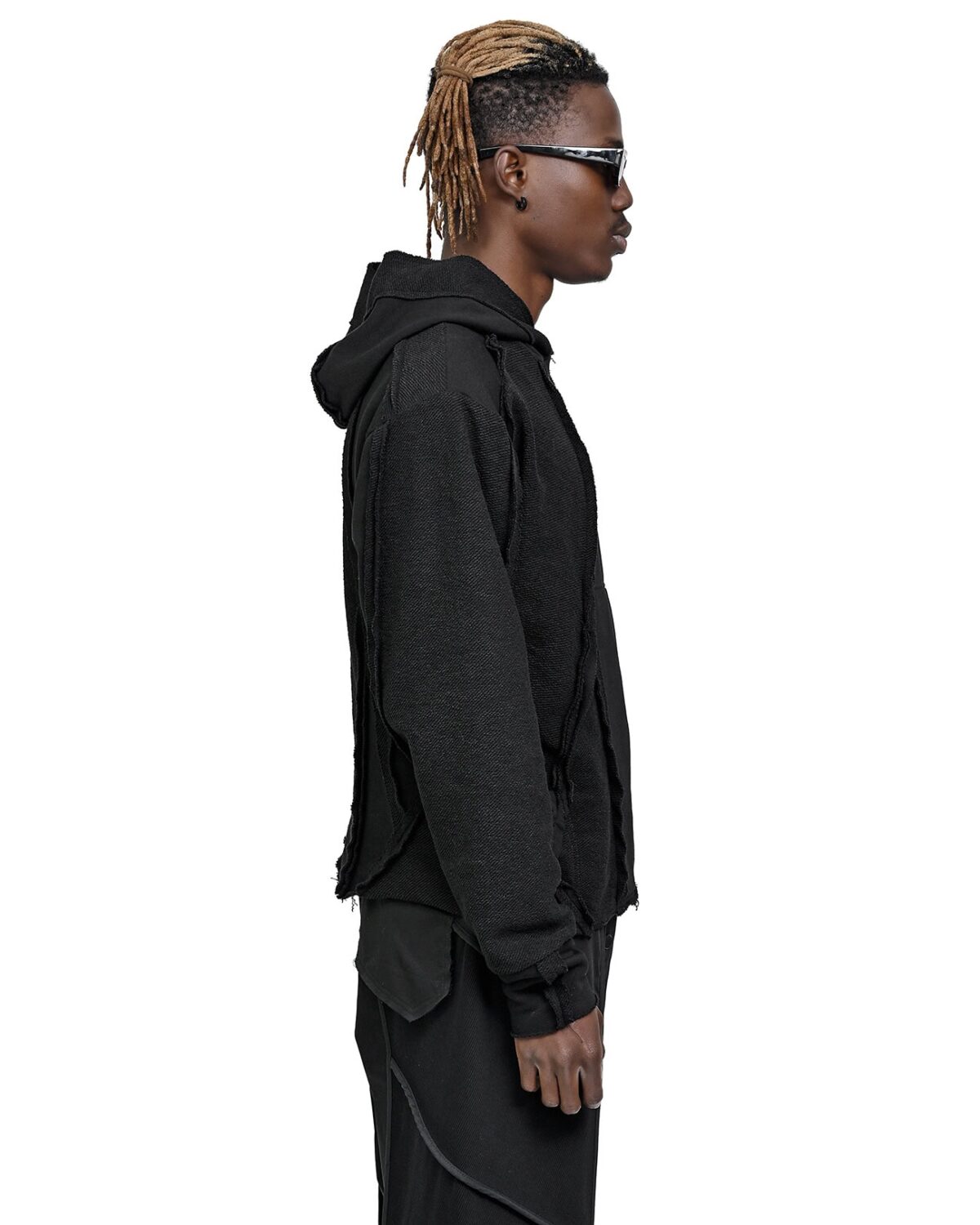 MINOAR - String Construct Inverse Hoodie, Men's black cotton hoodie with multi-segment construction - 6