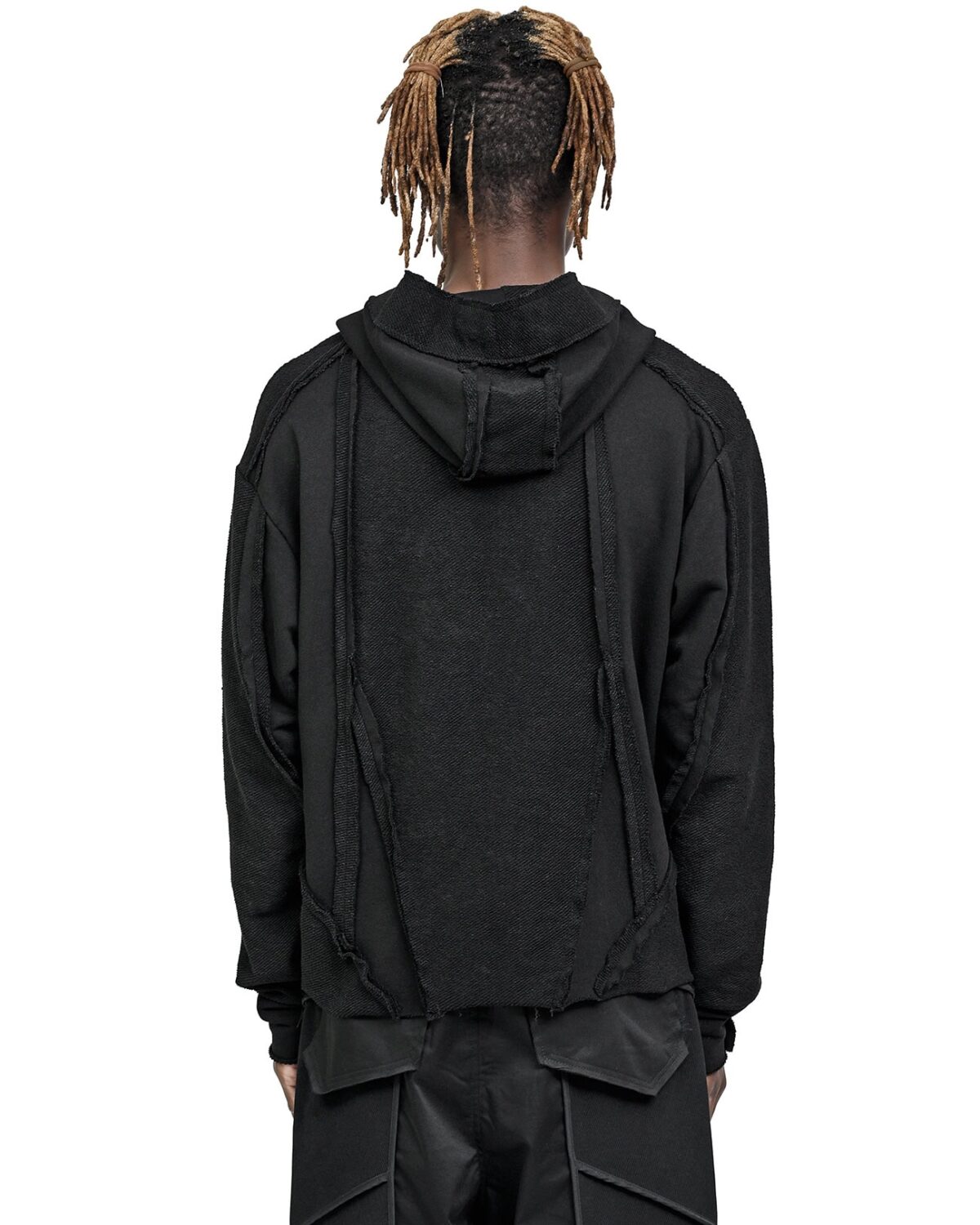 MINOAR - String Construct Inverse Hoodie, Men's black cotton hoodie with multi-segment construction - 7