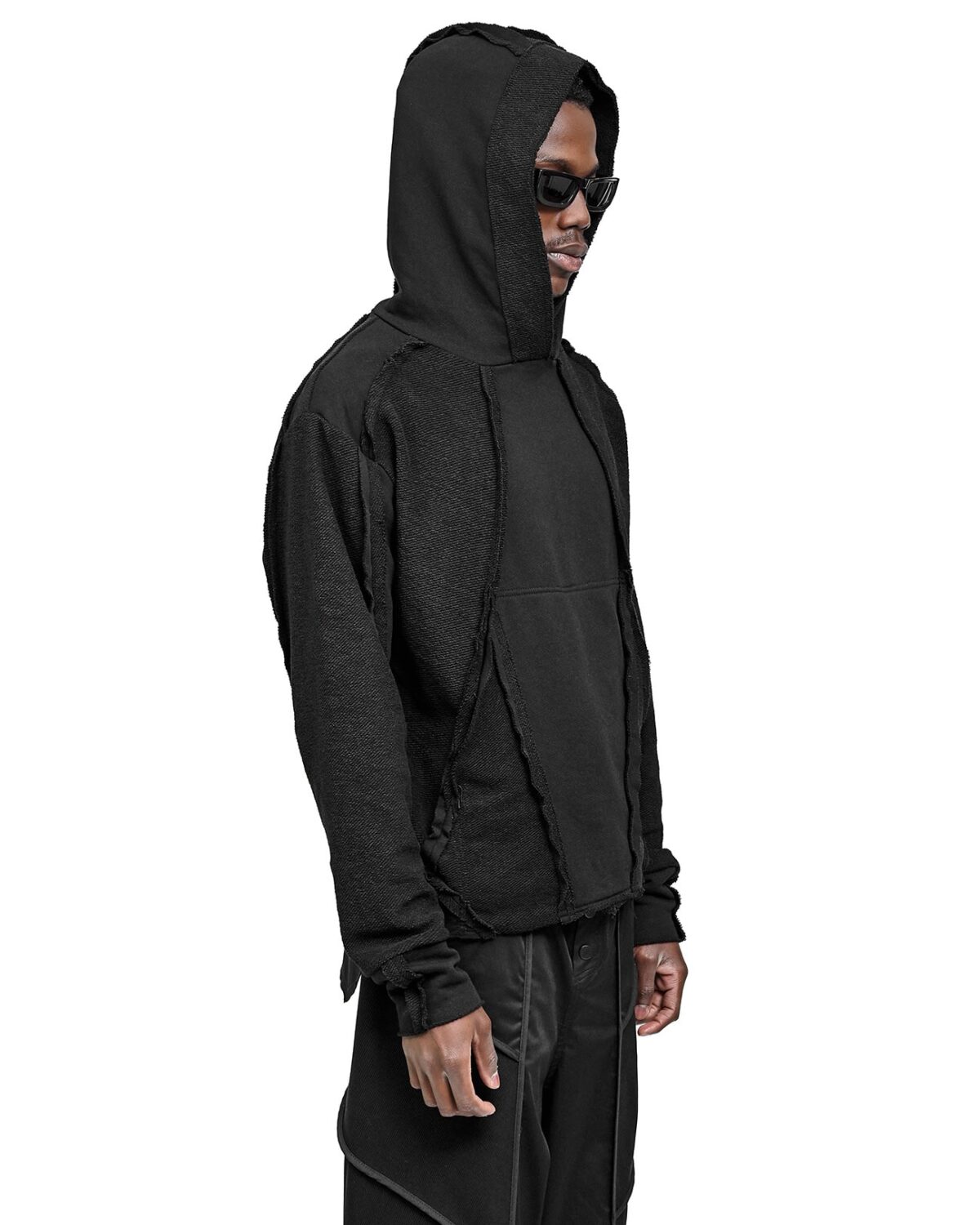 MINOAR - String Construct Inverse Hoodie, Men's black cotton hoodie with multi-segment construction - 5