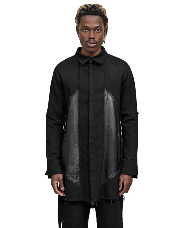 MINOAR - Leather Denim Hexa Shirt Jacket, Men's black cotton jacket with steel hardware detail - 1