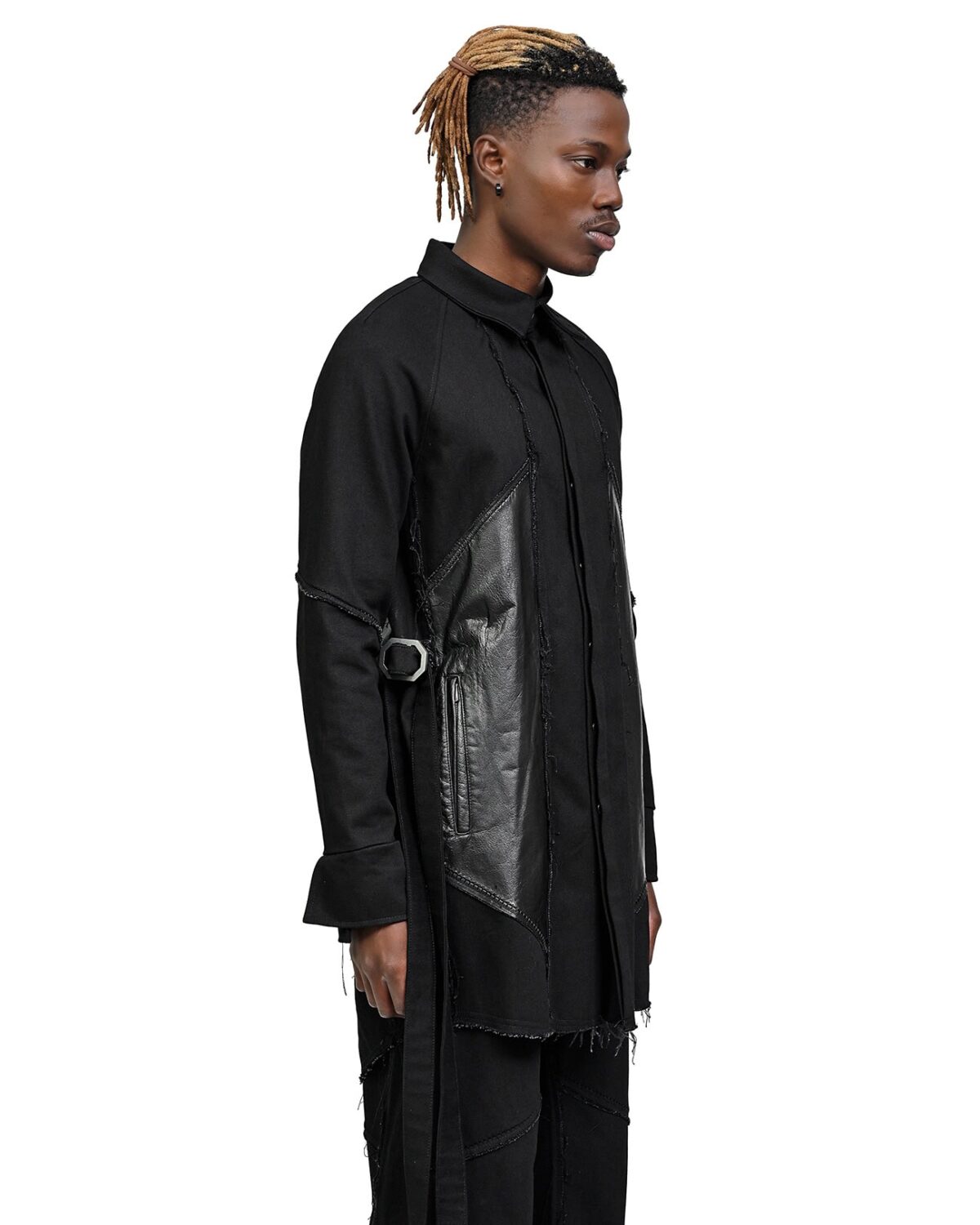 MINOAR - Leather Denim Hexa Shirt Jacket, Men's black cotton jacket with steel hardware detail - 3