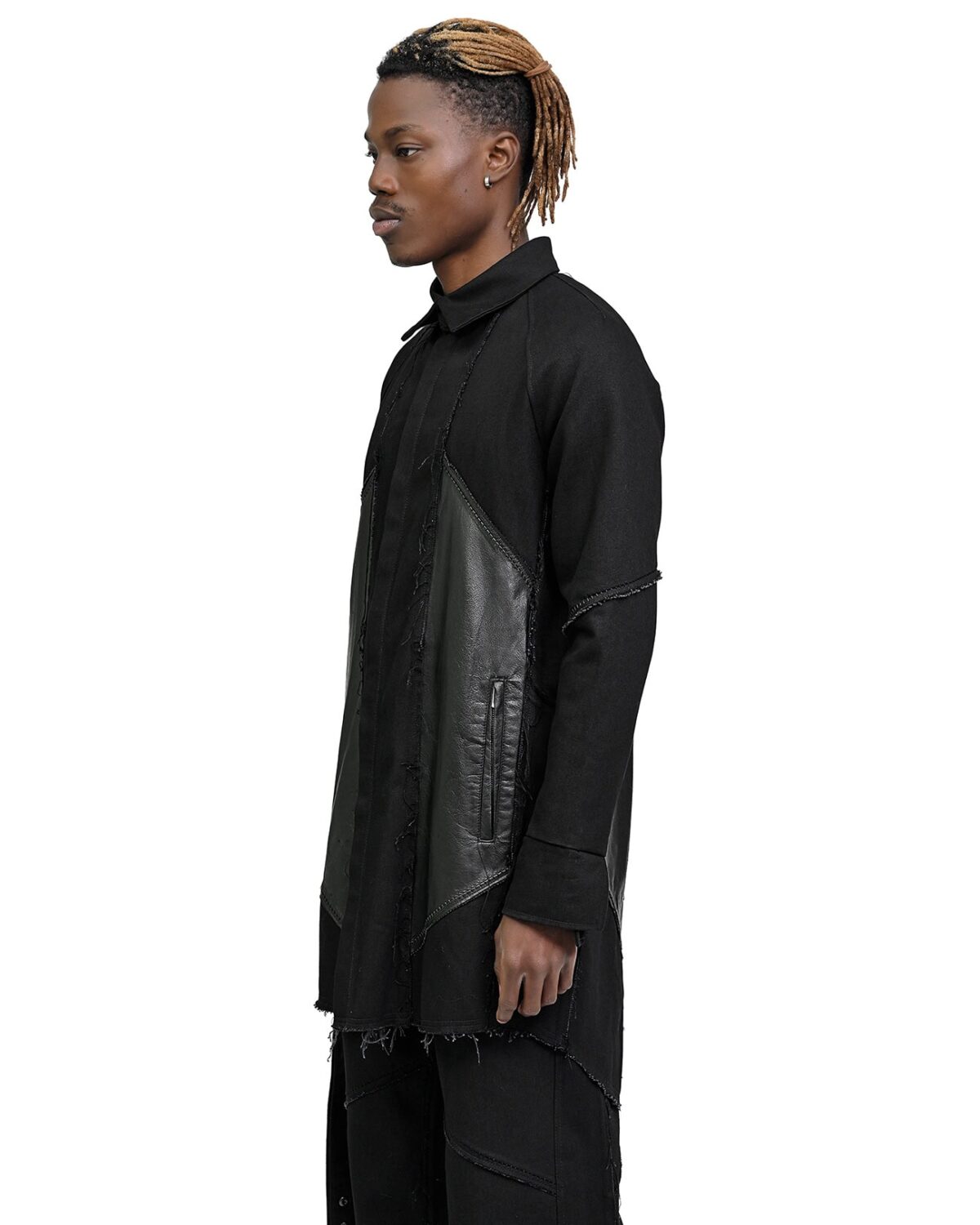 MINOAR - Leather Denim Hexa Shirt Jacket, Men's black cotton jacket with steel hardware detail - 4