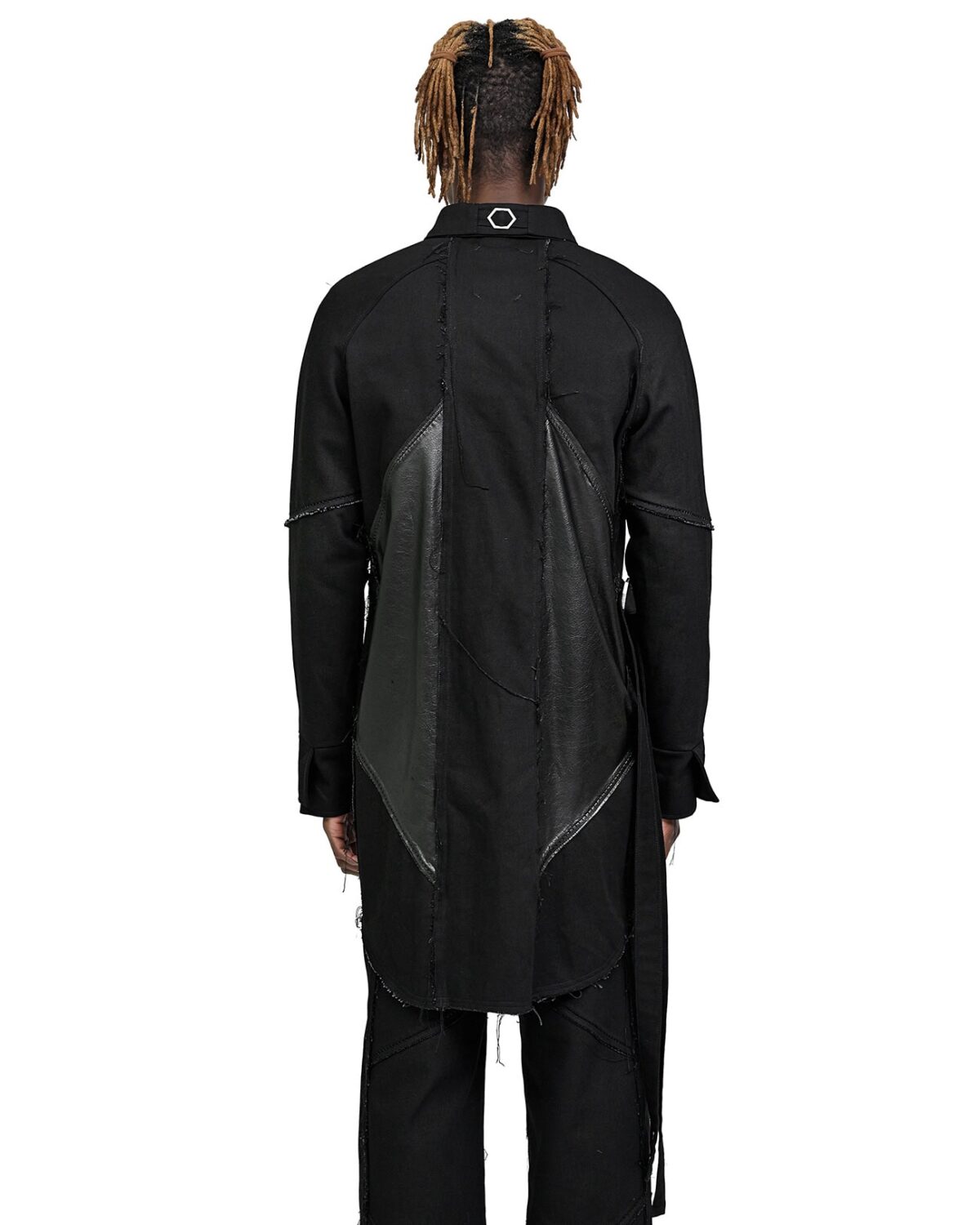 MINOAR - Leather Denim Hexa Shirt Jacket, Men's black cotton jacket with steel hardware detail - 5