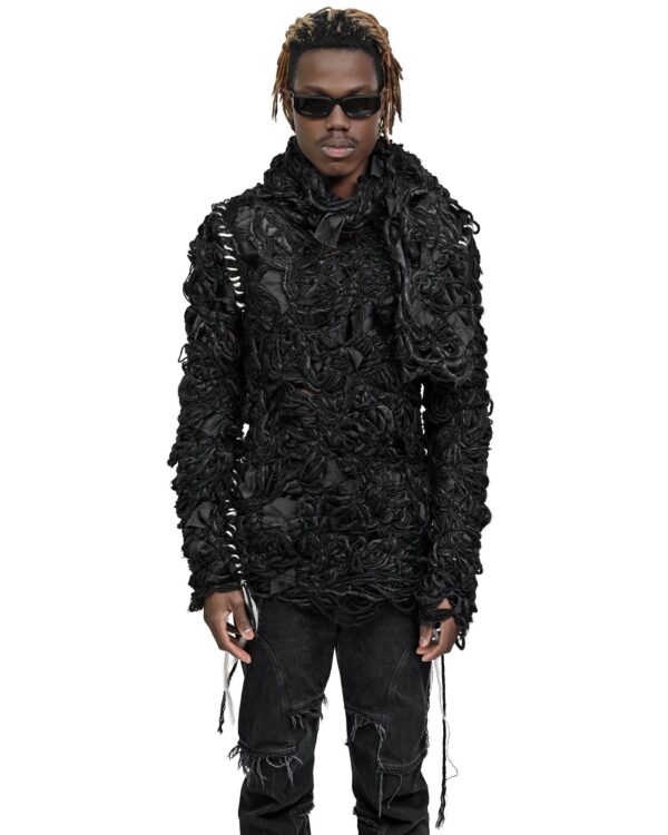 MINOAR - Fiber Bond Friction Wool Scarf Sweater, Men's black cotton scarf with Fiber-Bond texture - 1