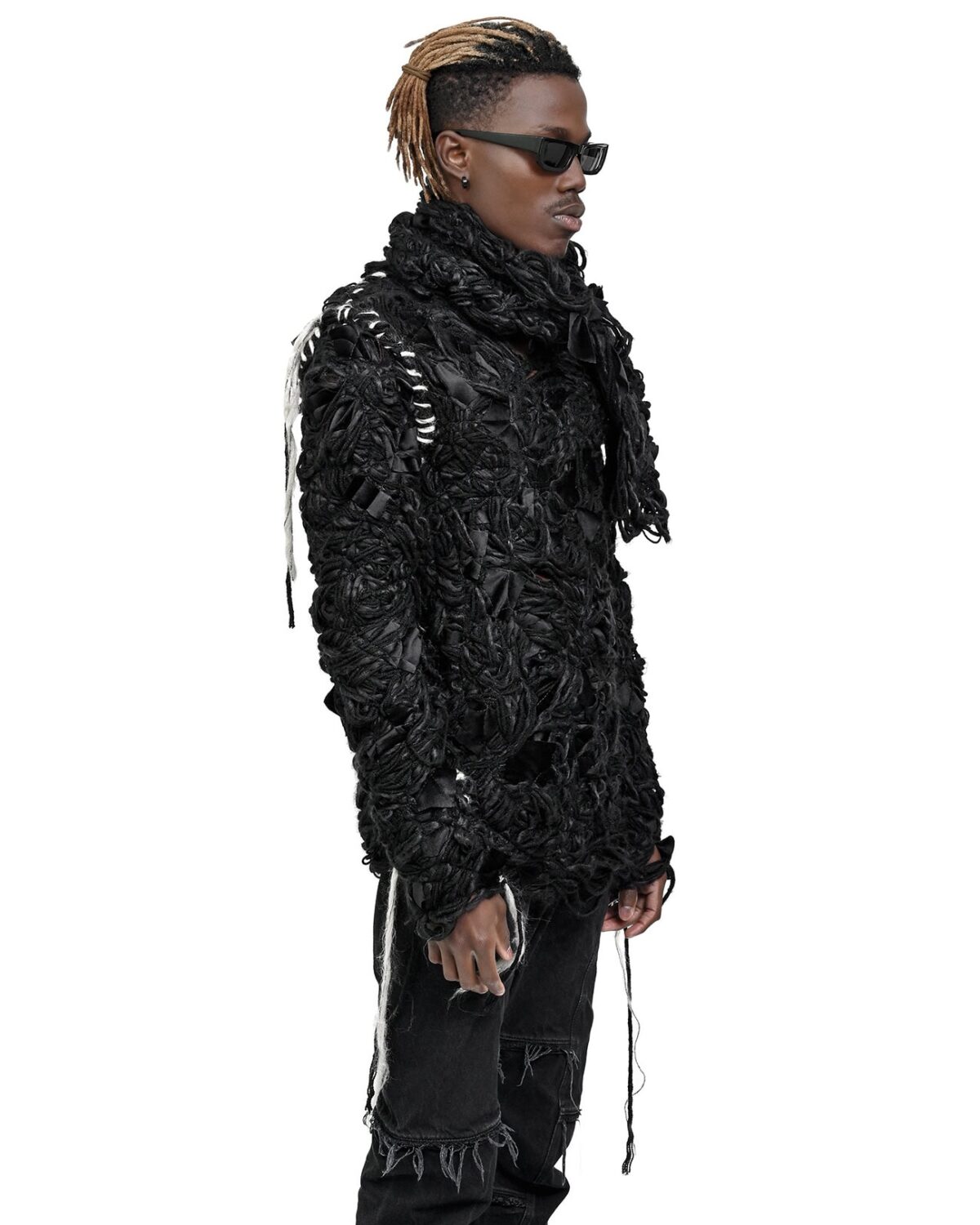 MINOAR - Fiber Bond Friction Wool Scarf Sweater, Men's black cotton scarf with Fiber-Bond texture - 3