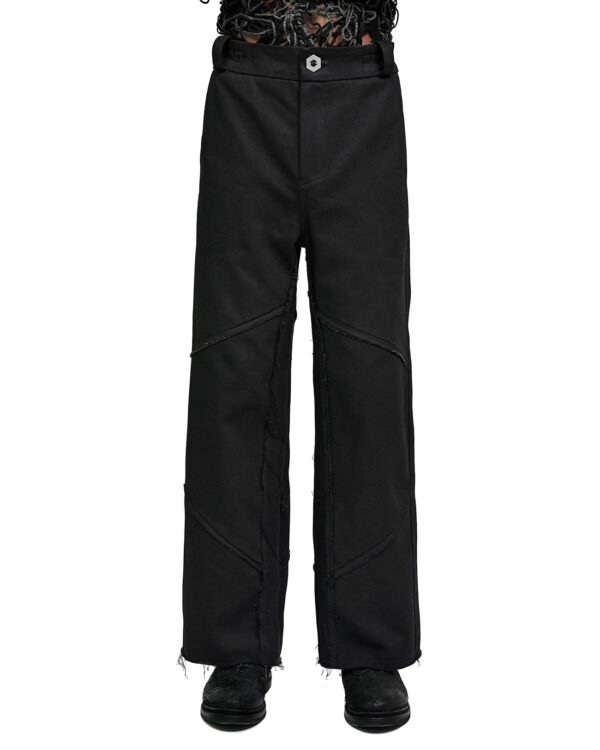 MINOAR - Hexa Flared Denim Trousers, Men's black cotton trousers with diagonal welt pockets - 1
