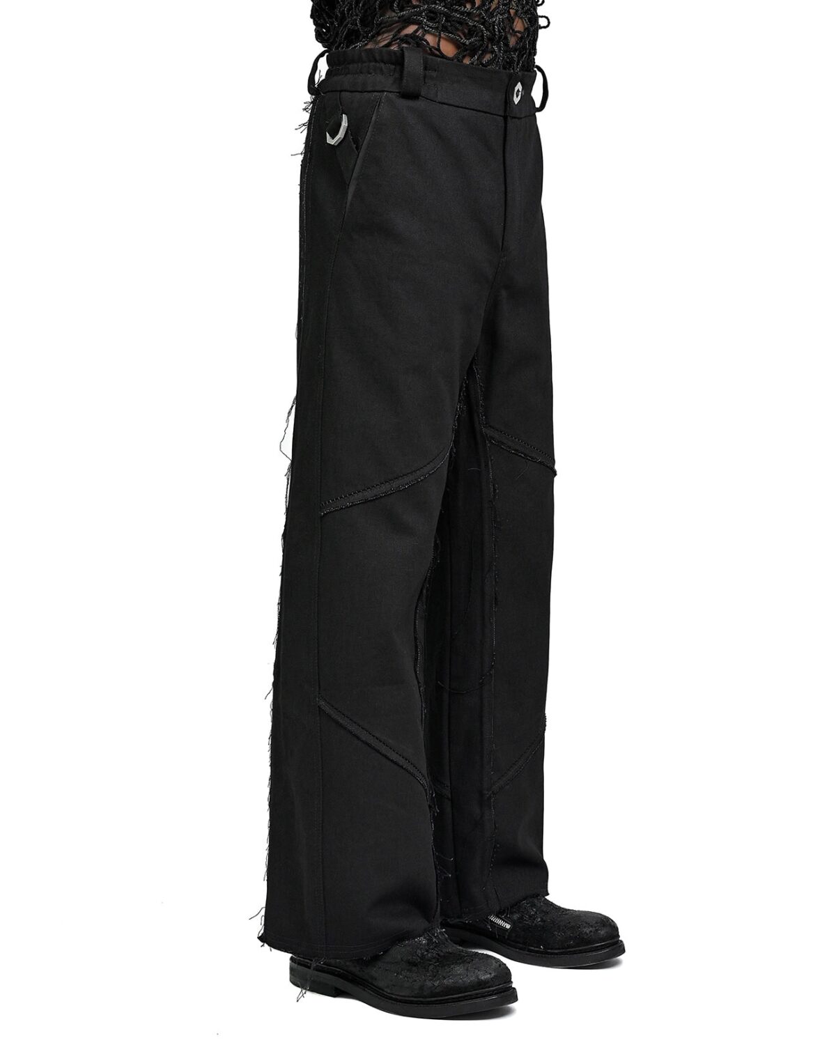MINOAR - Hexa Flared Denim Trousers, Men's black cotton trousers with diagonal welt pockets - 3