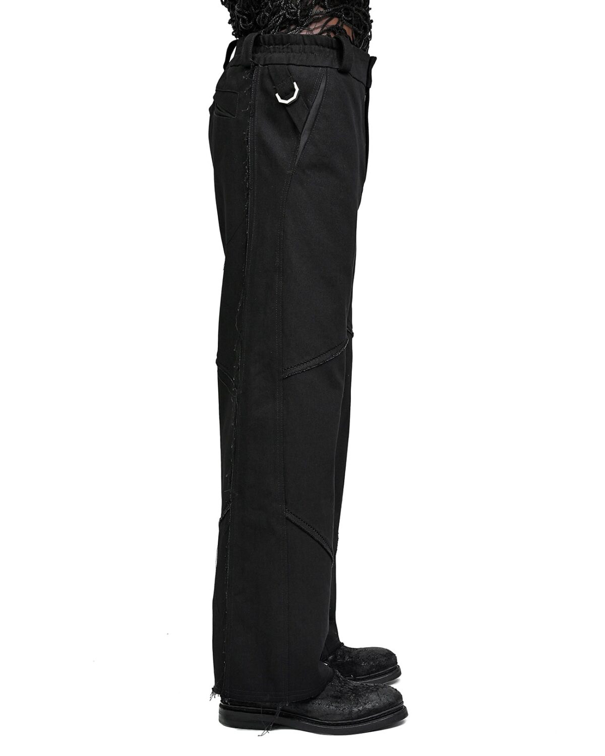 MINOAR - Hexa Flared Denim Trousers, Men's black cotton trousers with diagonal welt pockets - 4