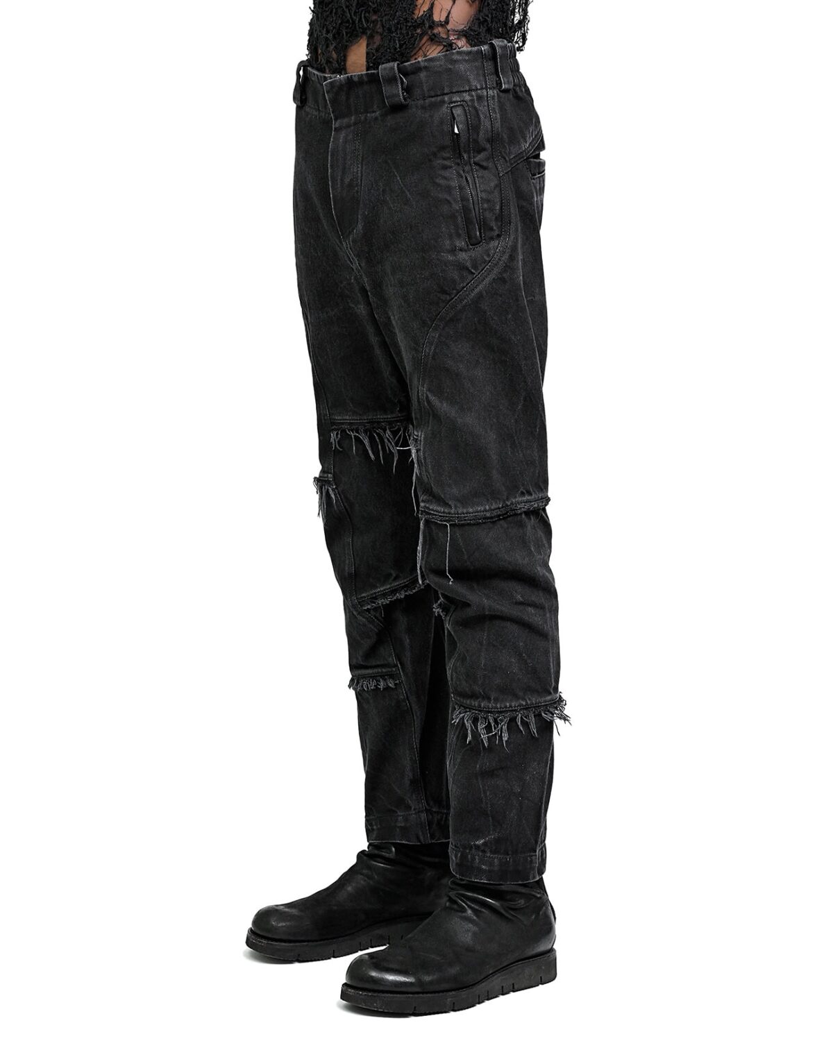 MINOAR - String Denim Wash Curve Trousers, Men's black cotton trousers with diagonal welt pockets - 4