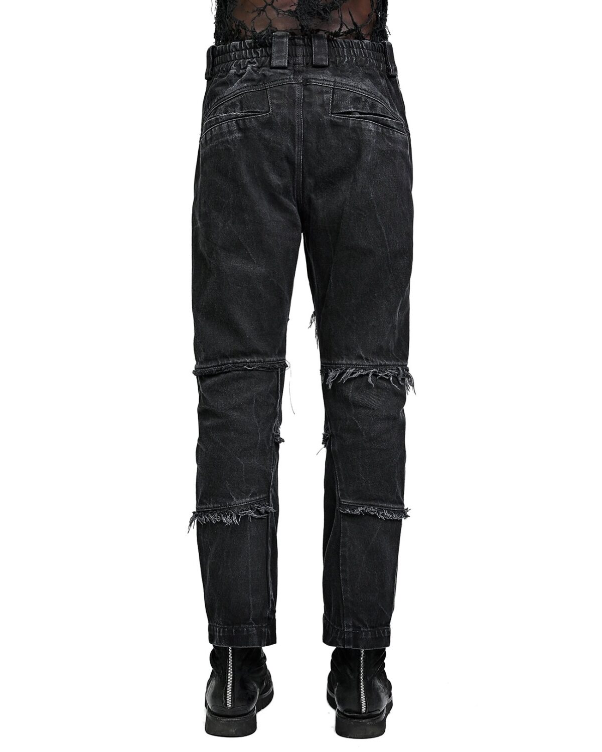 MINOAR - String Denim Wash Curve Trousers, Men's black cotton trousers with diagonal welt pockets - 6