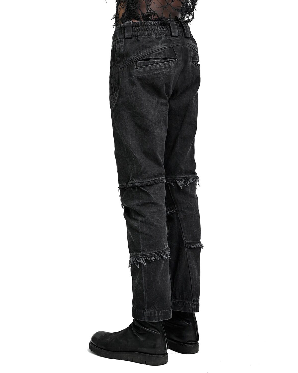 MINOAR - String Denim Wash Curve Trousers, Men's black cotton trousers with diagonal welt pockets - 5