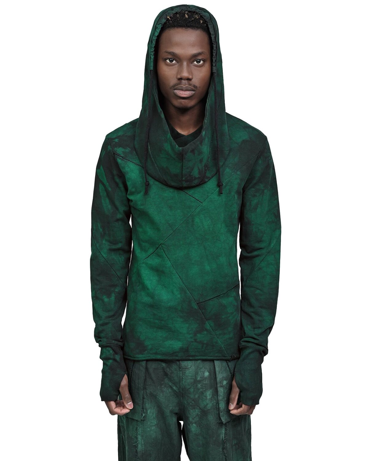 MINOAR - Cold Dyed Wrangle Hood Sweater, Men's green cotton sweater with thumb openings - 3
