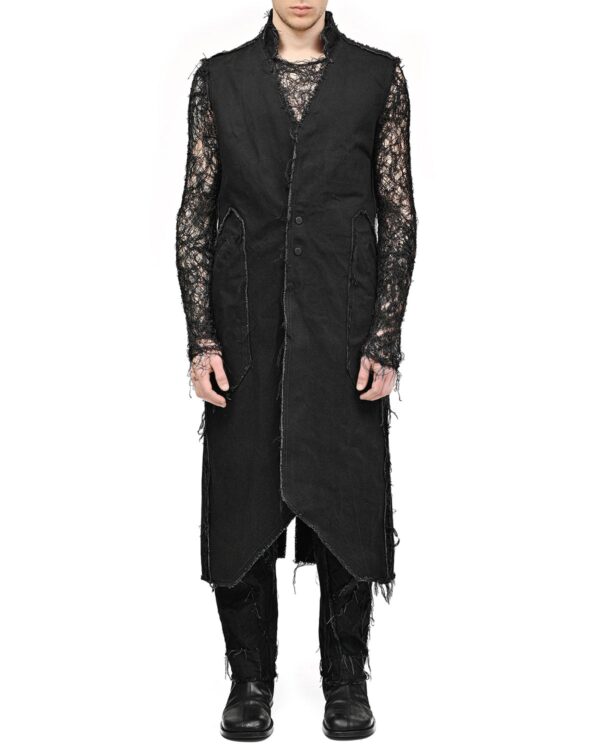 MINOAR - Long Denim Hexa Vest, Men's black cotton vest with diagonal welt pockets - 1