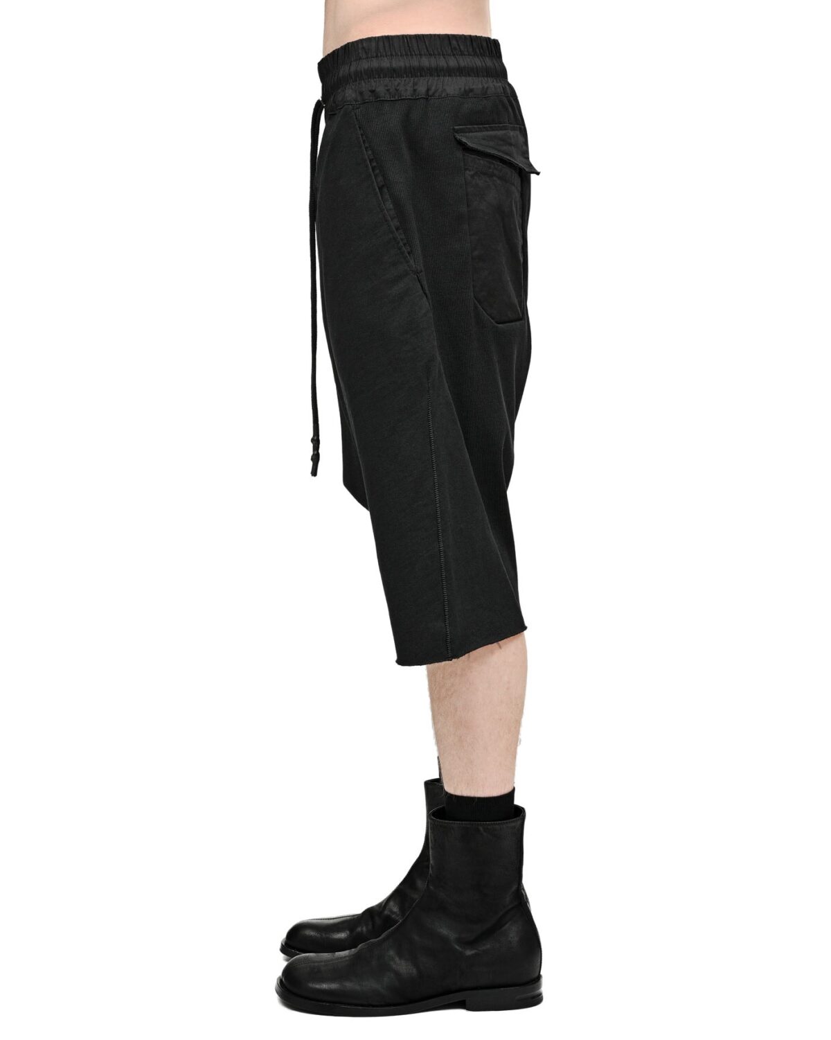 MINOAR - Drop Crotch Segment Stretch Shorts, Men's black cotton shorts with drop-crotch silhouette - 4