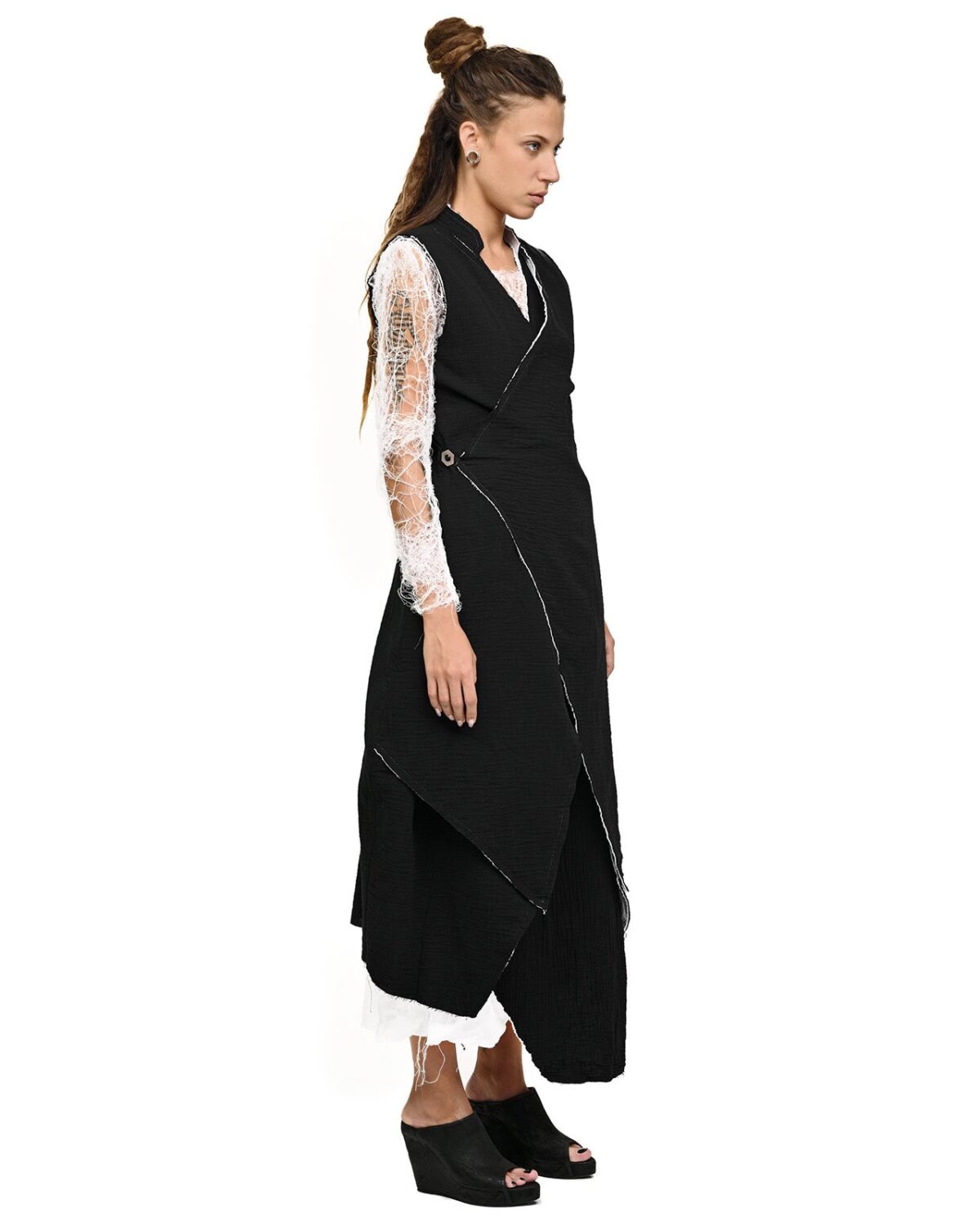 MINOAR - Contrast Draped Soft Cardigan, Women's black cotton cardigan with diagonal welt pockets - 3