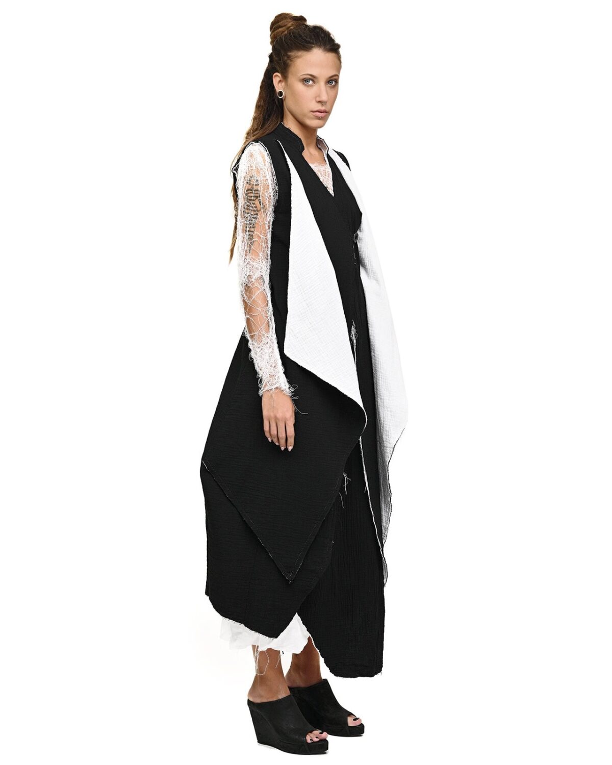 MINOAR - Contrast Draped Soft Cardigan, Women's black cotton cardigan with diagonal welt pockets - 6