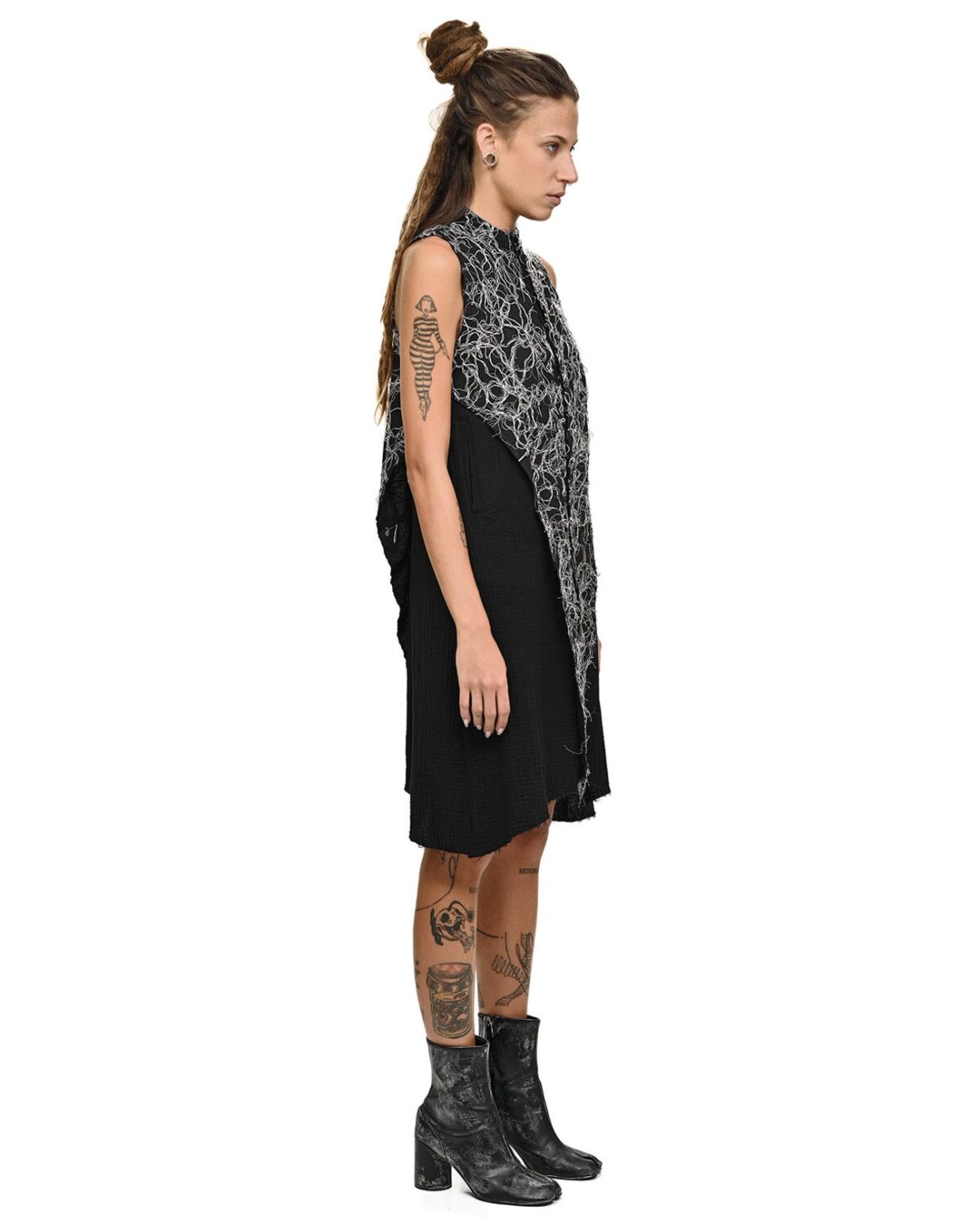 MINOAR - Contrast Fiber Bond Soft Dress, Women's black cotton dress with Fiber-Bond texture - 4