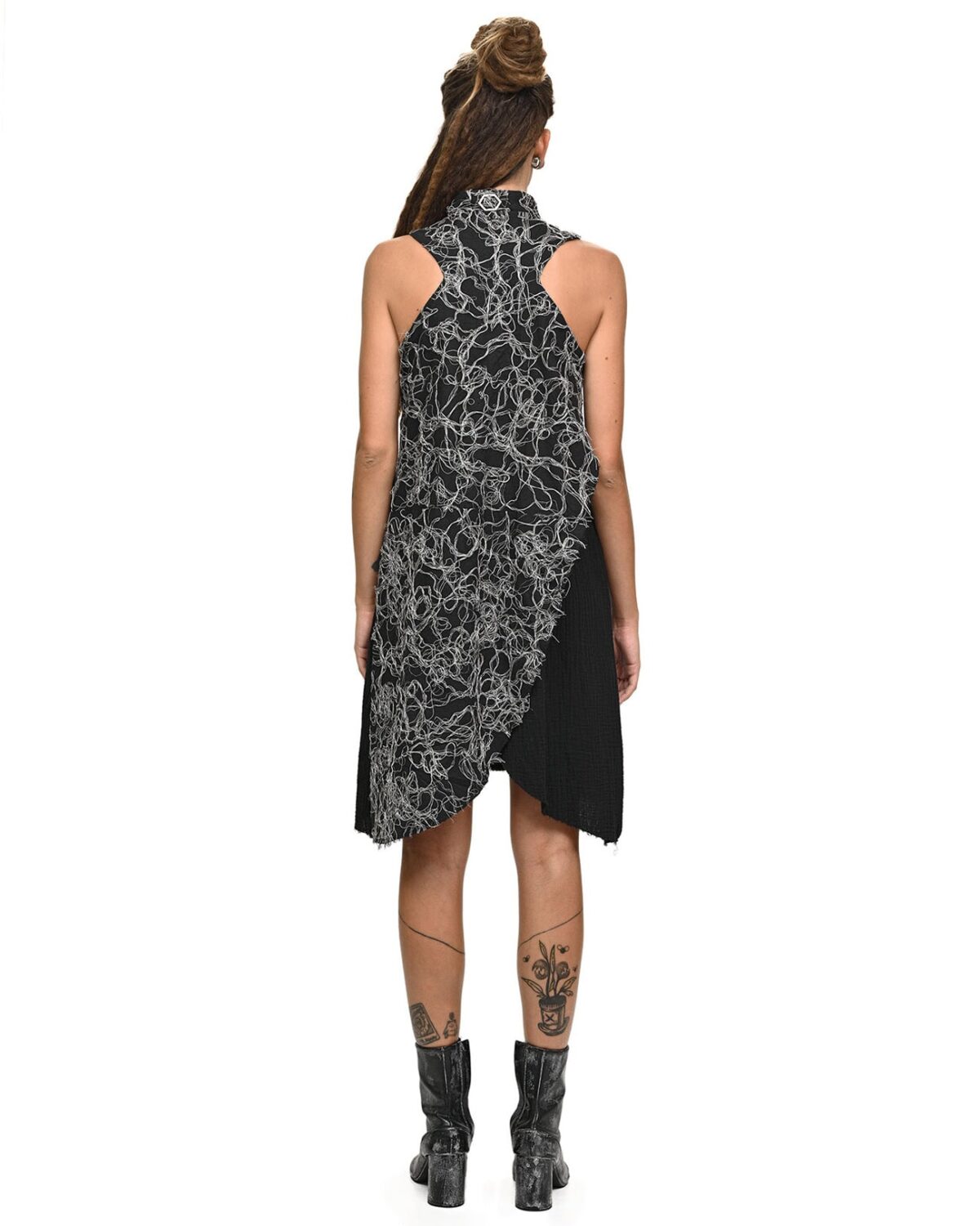 MINOAR - Contrast Fiber Bond Soft Dress, Women's black cotton dress with Fiber-Bond texture - 5