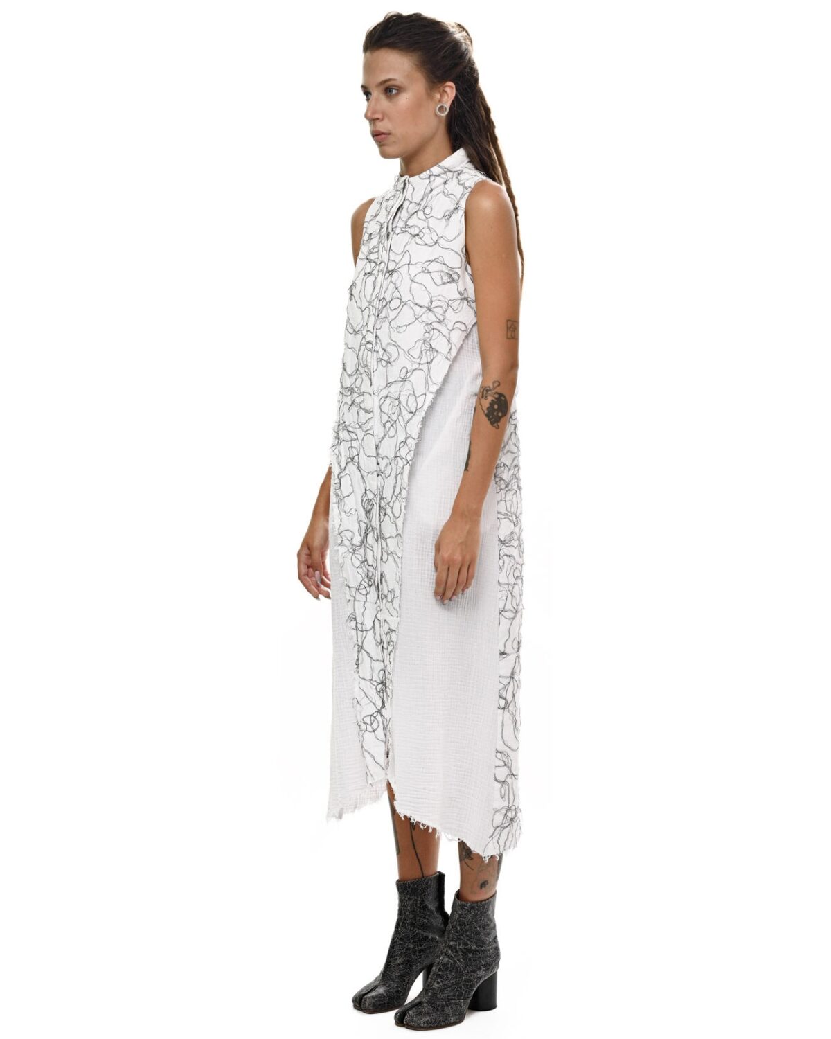MINOAR - Diffused Fiber Bond Soft Dress, Women's white cotton dress with Fiber-Bond texture - 3