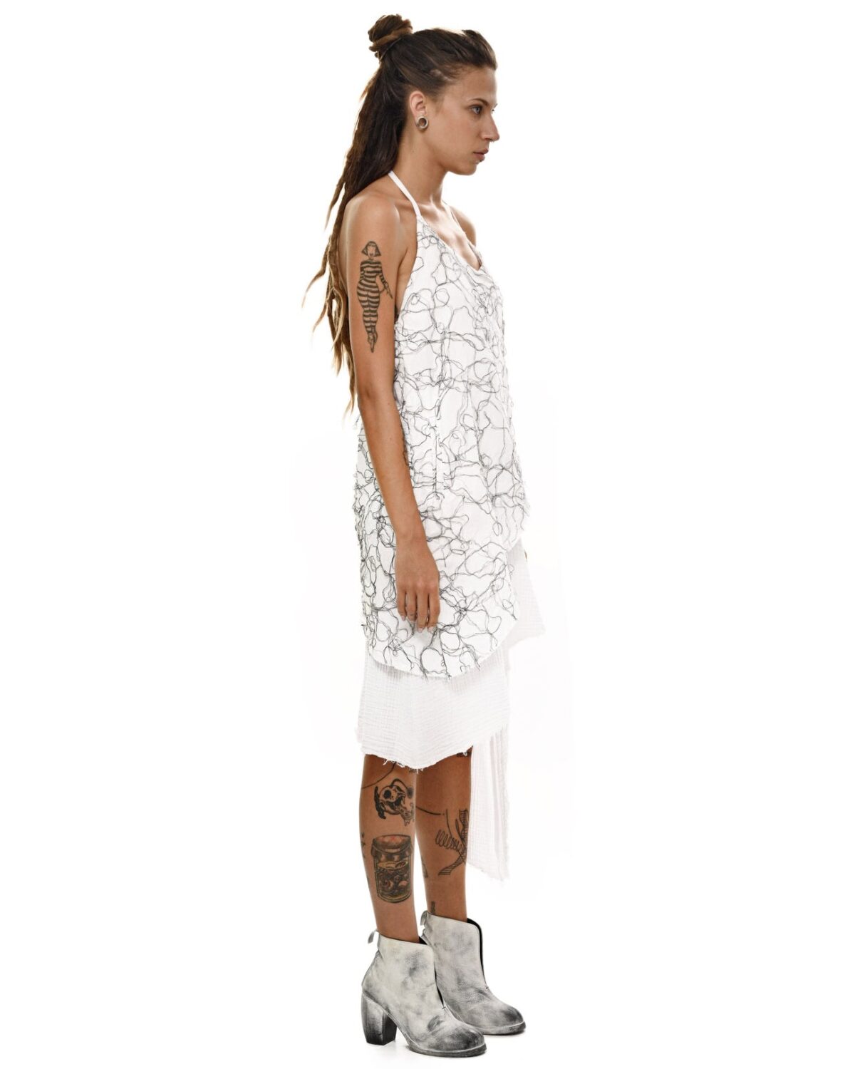 MINOAR - Diffused Asymmetry Soft Layers Dress, Women's white cotton dress with Fiber-Bond texture - 3